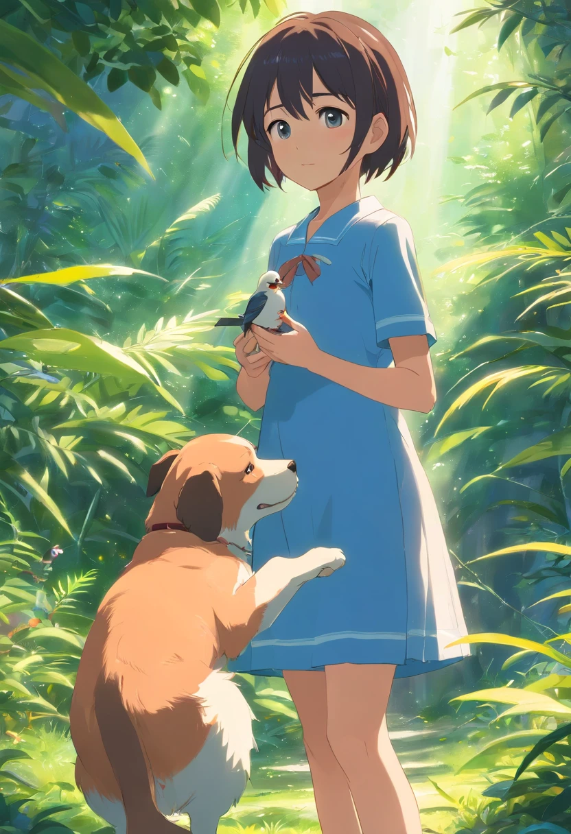 (La mejor calidad,altas:1.2),fotorrealista,anime,princesa,muchacha,vestido blanco,little guy,Bonito,perro de dibujos animados,(Girl Lowered Holding A Small Injured Bird)in your handsRio Claro,selva tropical,luz solar,contacto visual
