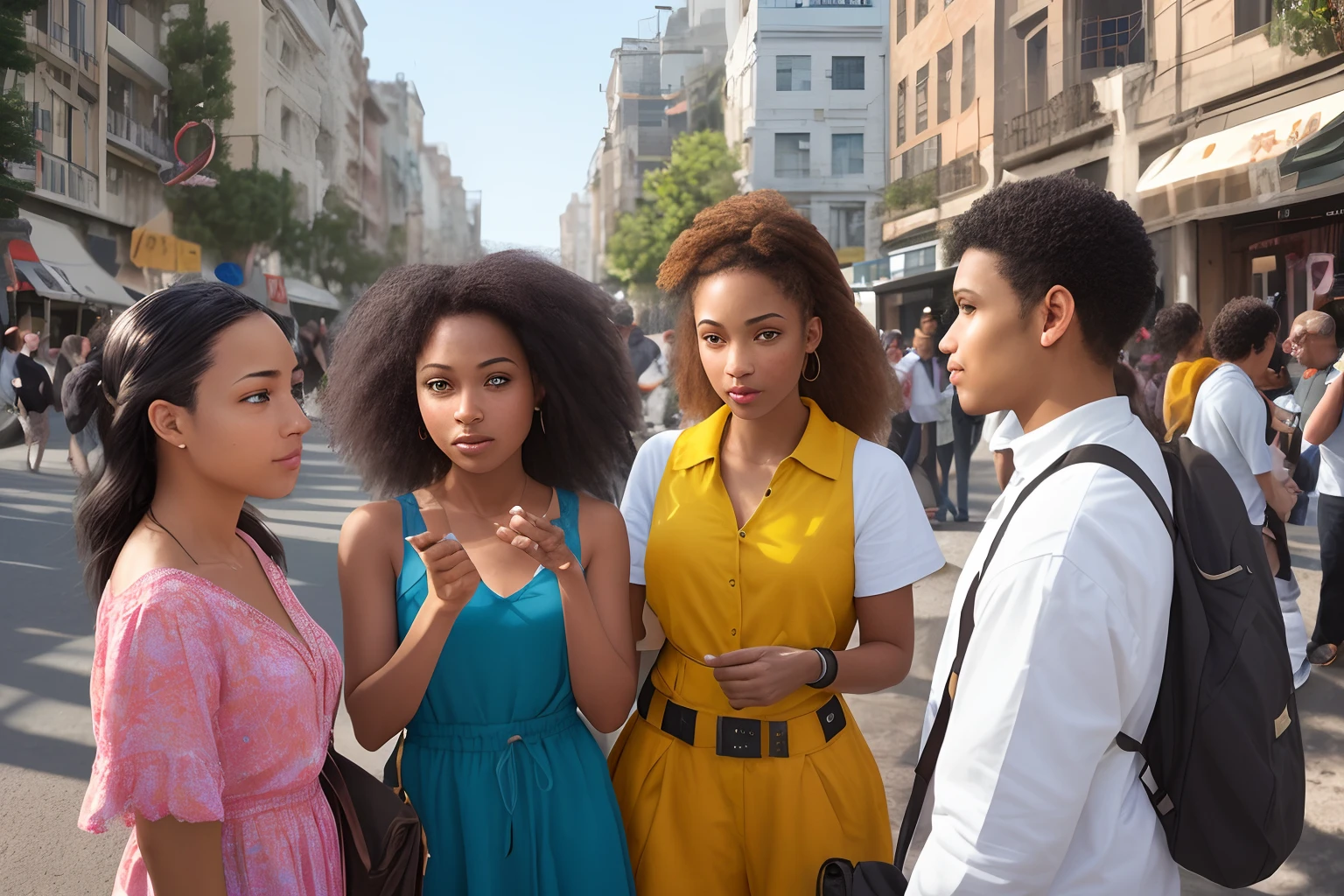 a group of diverse people talking in the street, vibrant conversations, detailed facial expressions, natural and relaxed postures, diverse ages and ethnicities, engaged in deep conversation, friendly atmosphere, bustling city background, bustling crowd, various skin tones, diverse hairstyles, fashionable clothing, modern street fashion, lively gestures, lively and expressive eyes, detailed lips, sunlight casting warm and soft shadows, vibrant colors, realistic and high-quality artwork, 4k resolution, photorealistic rendering, professional lighting, vivid and natural skin tones, scenic urban backdrop, happy and inclusive atmosphere