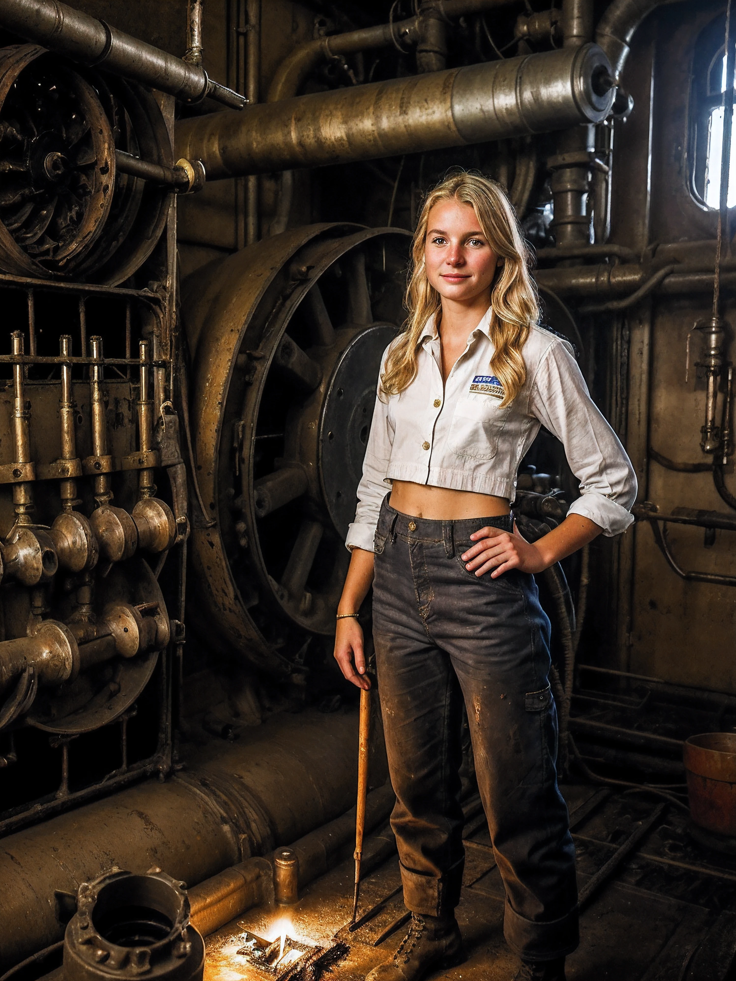 1girl, blond hair, old engine operator clothes, masterpiece, navel, working in the engine room of an old steam ship, (repairing the engine with tools:1.2), dirty, steamy, oil, grease, dark, wide angle action shot