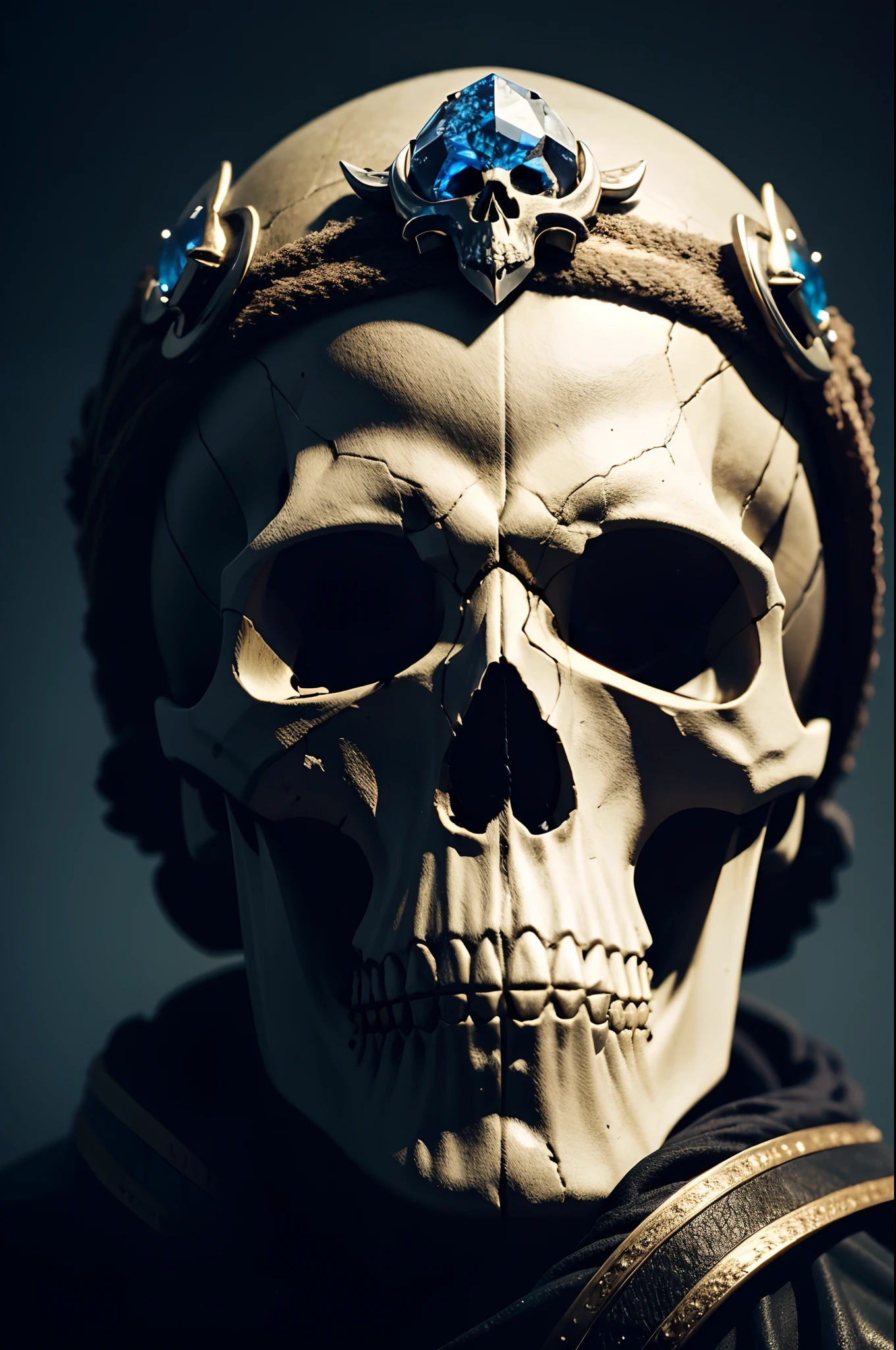 skeleton man, his (skull:1.2) is covered in icicles and frost, intricate carving, wearing a face mask, glowing eye sockets, wearing a frozen blue crown, (detailed background:1.3), backlighting, serious eyes, realism, masterpiece portrait, soft lighting, (large angle),masterpiece, best quality, intricate detail, absurdres,