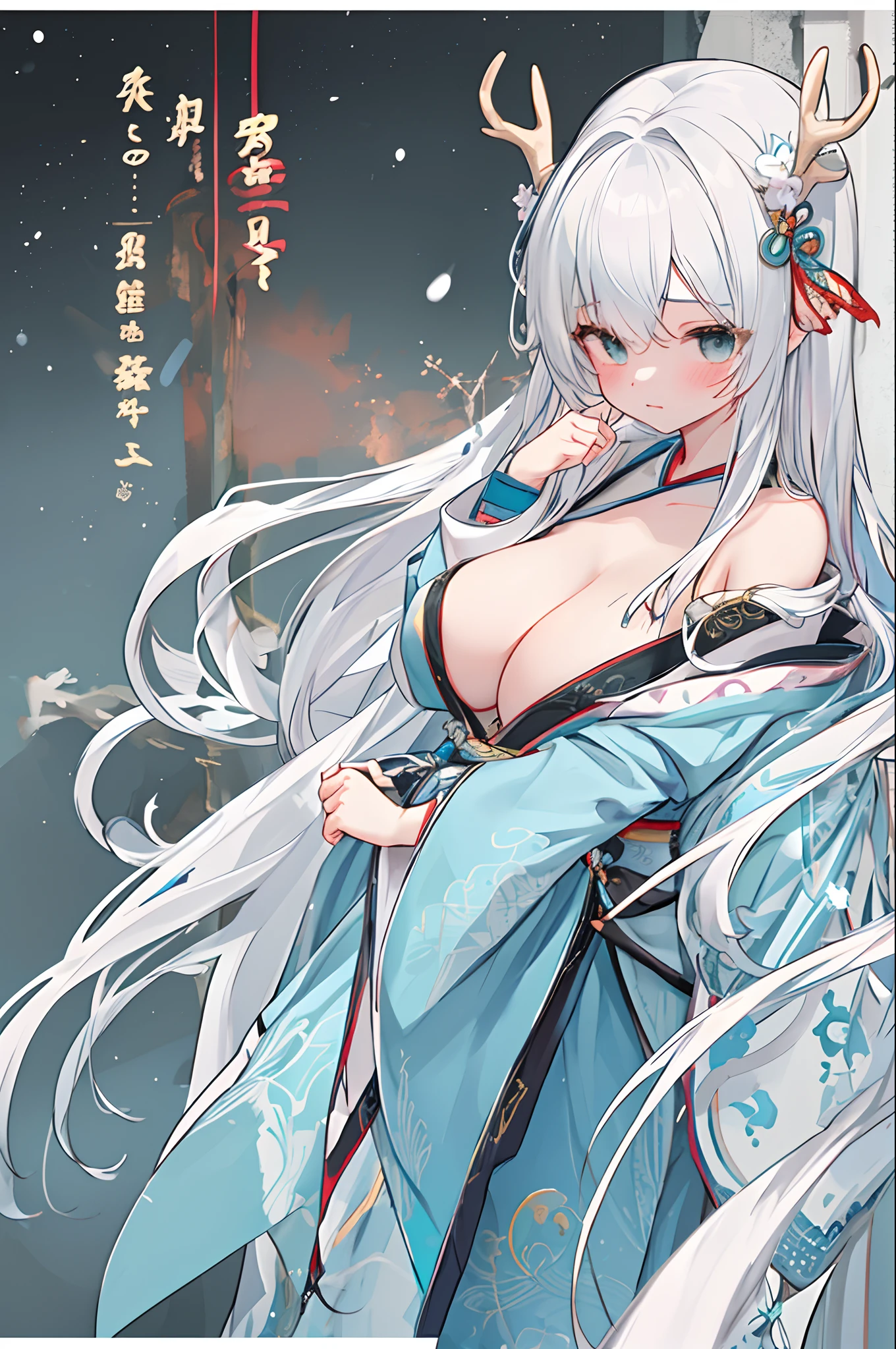 Frustrated text，Dragon's horn，deer antlers，Portrait，Realistic effect，Female pervert，White-haired girl，Messy hair，Ancient wind，cyan colors，cyan colors，Cyan Hanfu(Delicate and mysterious antique patterns)，high-heels，The expression after the climax，winning artwork，Silhouette effect，Epic composition，Stand in front of a window with falling snow(Ancient wind)，(Antique background)Need，8K，The human body light and shadow effect is three-dimensional，Delicate face，（in the darkness nigth：1.6），Fantasyart，photographrealistic，动态照明，art  stations，poster for，Volumetriclighting，Very detailed faces，4 k''，Award-Awarded, low tune, Cowboy shot, (Hanfu:1.4), long whitr hair,(Super huge)))，(((Super huge breasts)))，Side breasts，Lower breast，cropped shoulders，鎖骨，lacepantyhose，nabel，Lower chest，(huge tit)，((cleavage))