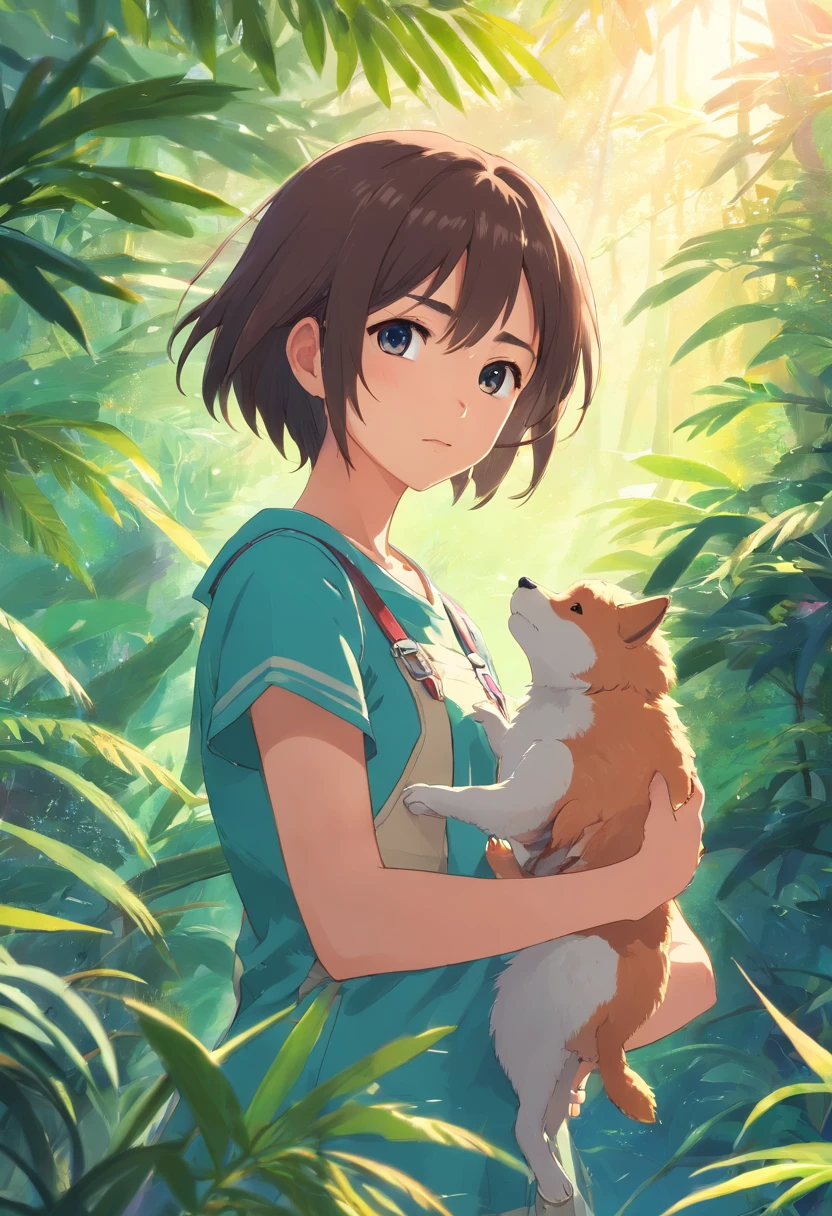 (La mejor calidad,altas:1.2),fotorrealista,anime,princesa,muchacha,vestido blanco,little guy,Bonito,perro de dibujos animados,(Girl Lowered Holding A Small Injured Bird)in your handsRio Claro,selva tropical,luz solar,contacto visual