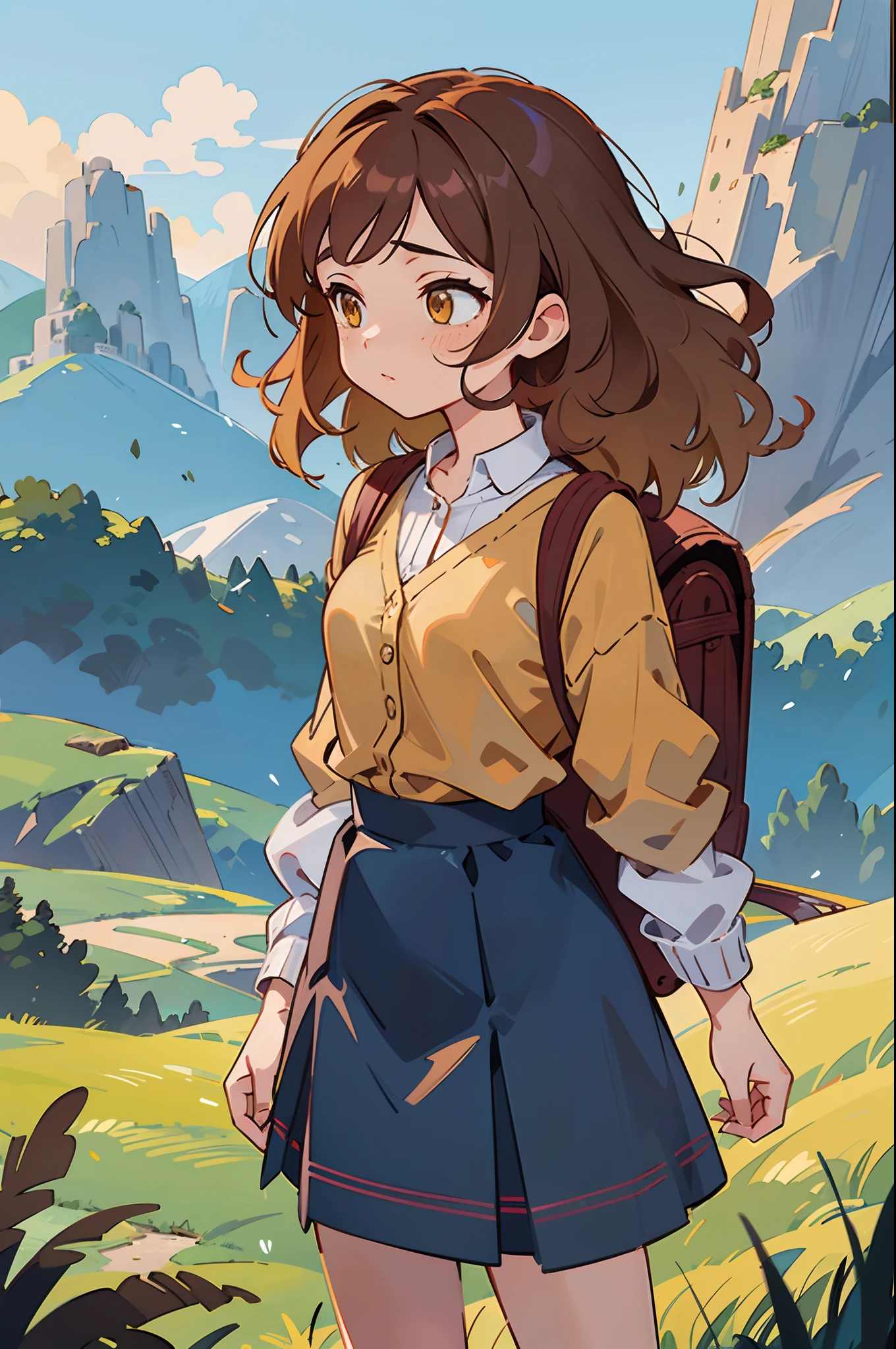 1girl, solo, character illustration, (chocolate colored skin:0.5), (brown hair, dark yellow hair, gradient hair:1.2), curly hair, messy hair, freckles, amber eyes, grown woman, small breasts, (red stripless shirt), gray cardigan, mini backpack, plain suit skirt, dark blue skirt, outdoors, mountain scenery, city behind, fields, dawn, beautfiful red skirt, masterpiece, illustration, trending on Artstation, colorful, very colorful