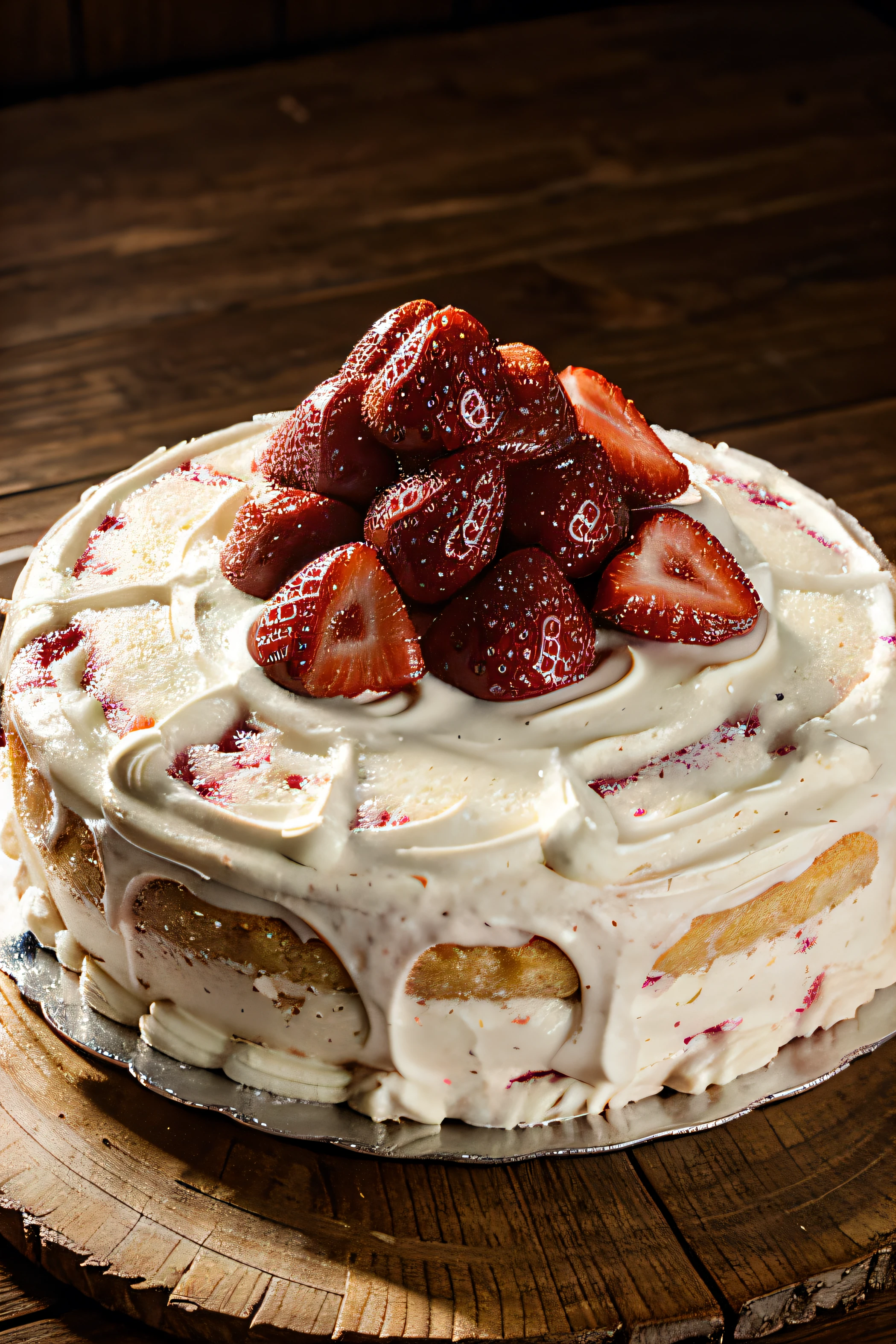 Strawberry cake on a rustic background, Lots of light, A table,close-up,