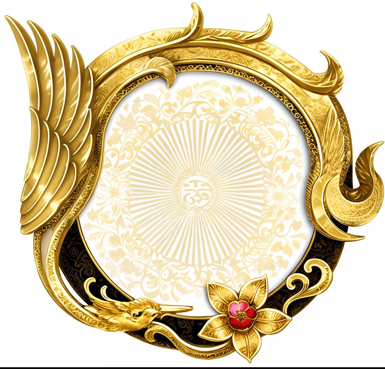 A gold frame，There is a flower and a bird on it, golden circlet, Ouroboros, circle of the crone, gold wings, [[fantasy]], opulent, ornamental halo, gold adornments, gold ornate jewely, character icon, gold, ornate gold, fantasy game spell symbol, gold adornments, gold noble, Golden wings