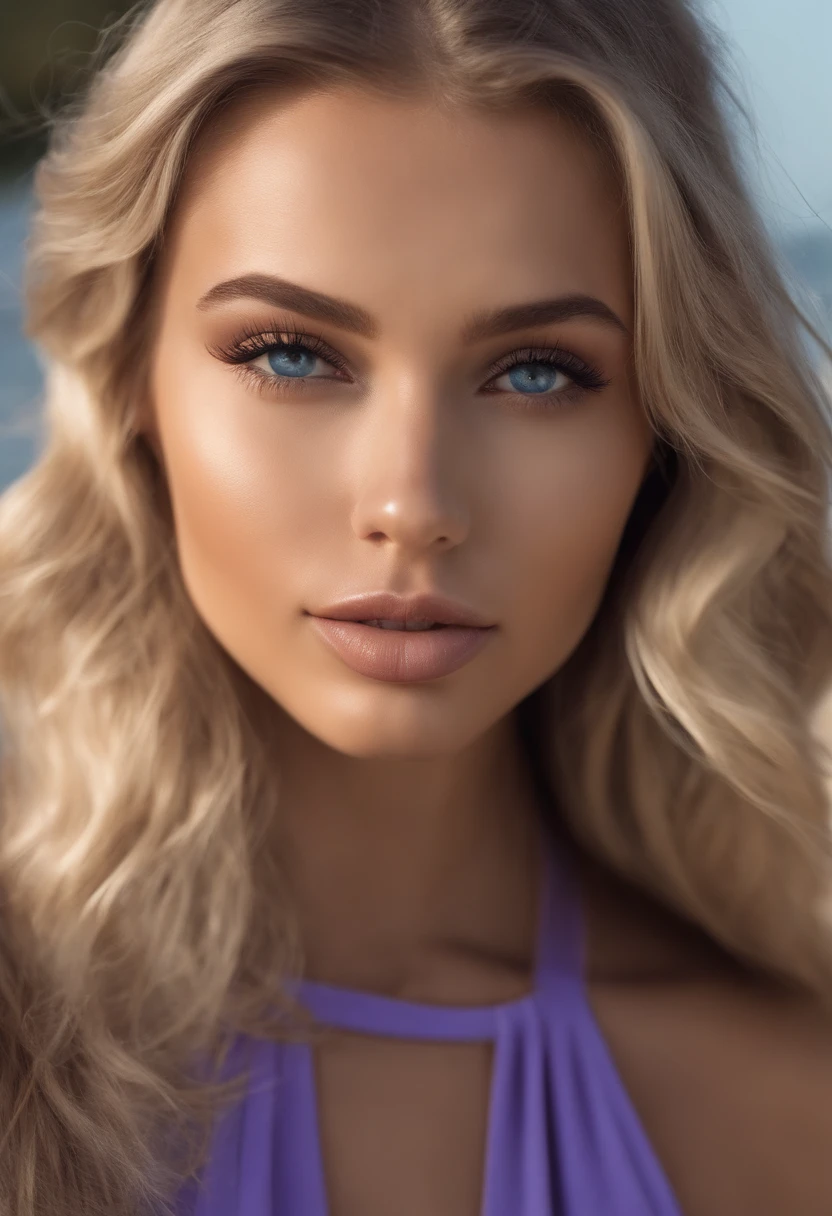Femme blonde , fille sexy aux yeux bleus, ultra realist, Meticulously detailed, Portrait Sophie Mudd, cheveux blonds et grands yeux verts, Selfie d'une jeune femme, Violet Myers, sans maquillage, maquillage naturel, looking straight at camera, Visage avec Artgram, Maquillage subtil, Superbe photo, debout a la plage , beau ciel bleu, maillot de bain sexy