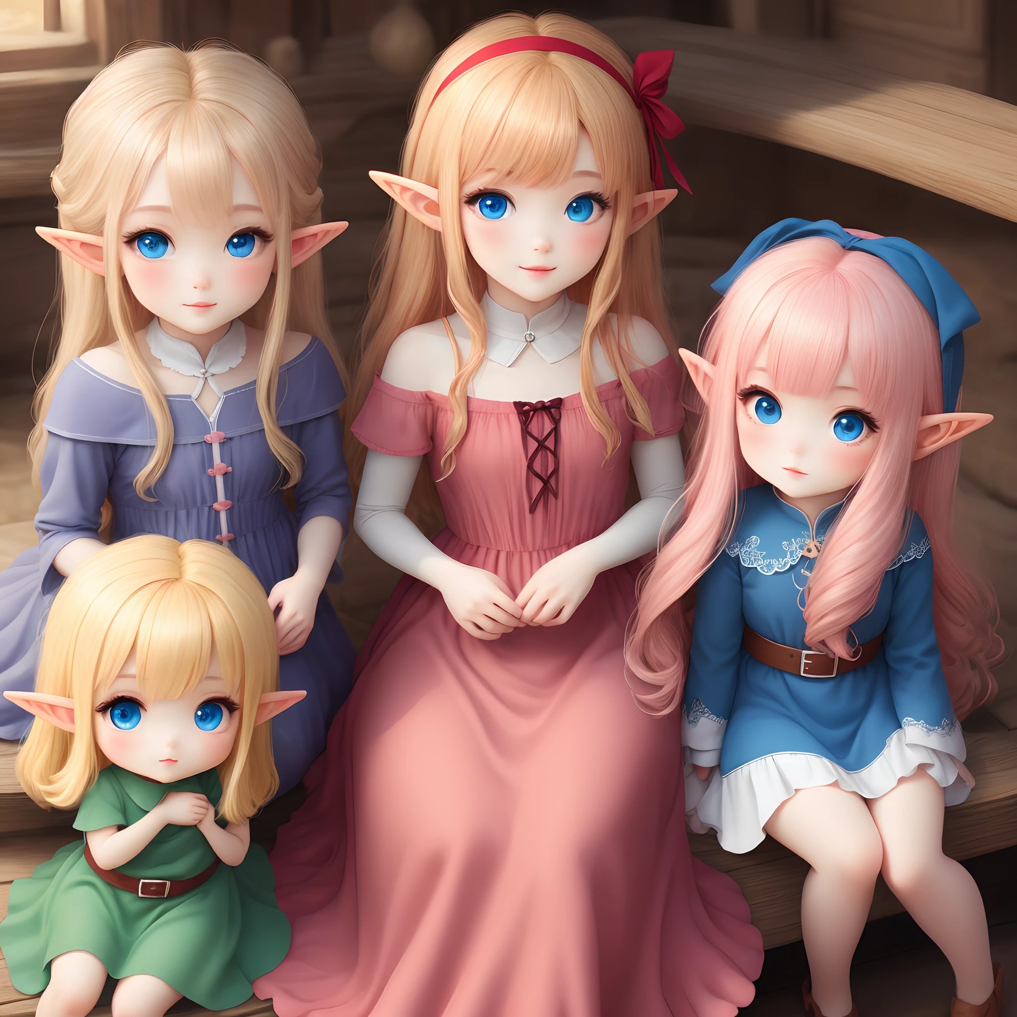 Elf, blond hair, blue eyes, pink dress, chibi head, red head band
