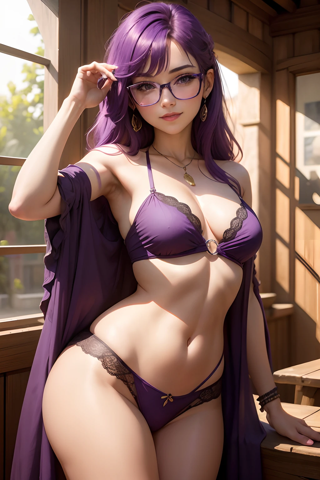 (Obra maestra:1.2, La mejor calidad), 1lady,solamente,1girll, They are smiling,Gafas de sol, Gafas en la cabeza, lenceria morada,purple color hair,Ojo morado, habitancion, pose seductora