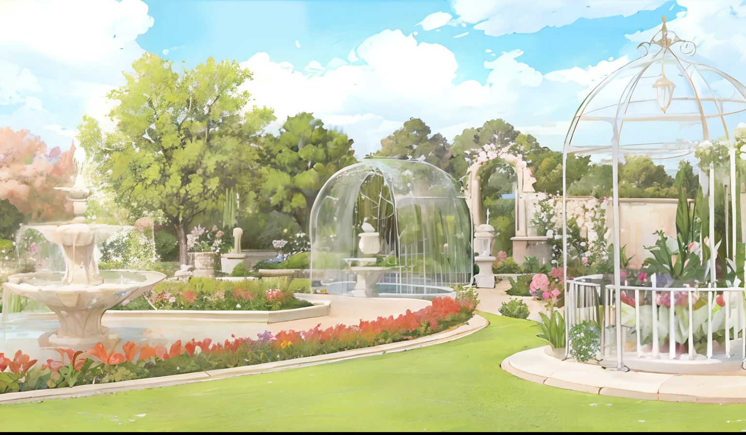 There is a water fountain in the middle of a garden, paisagem do jardim real, Jardins Celestiais, Fundo do jardim real, exterior botanical garden, Parques e Jardins, botanic garden, botanic garden, Jardins e fontes, jardim realista, Os jardins turbulentos da imperatriz, Parque da Cidade com Flores, estabelecendo tiro, tiro largo, concept piece, artist impression, artist impression