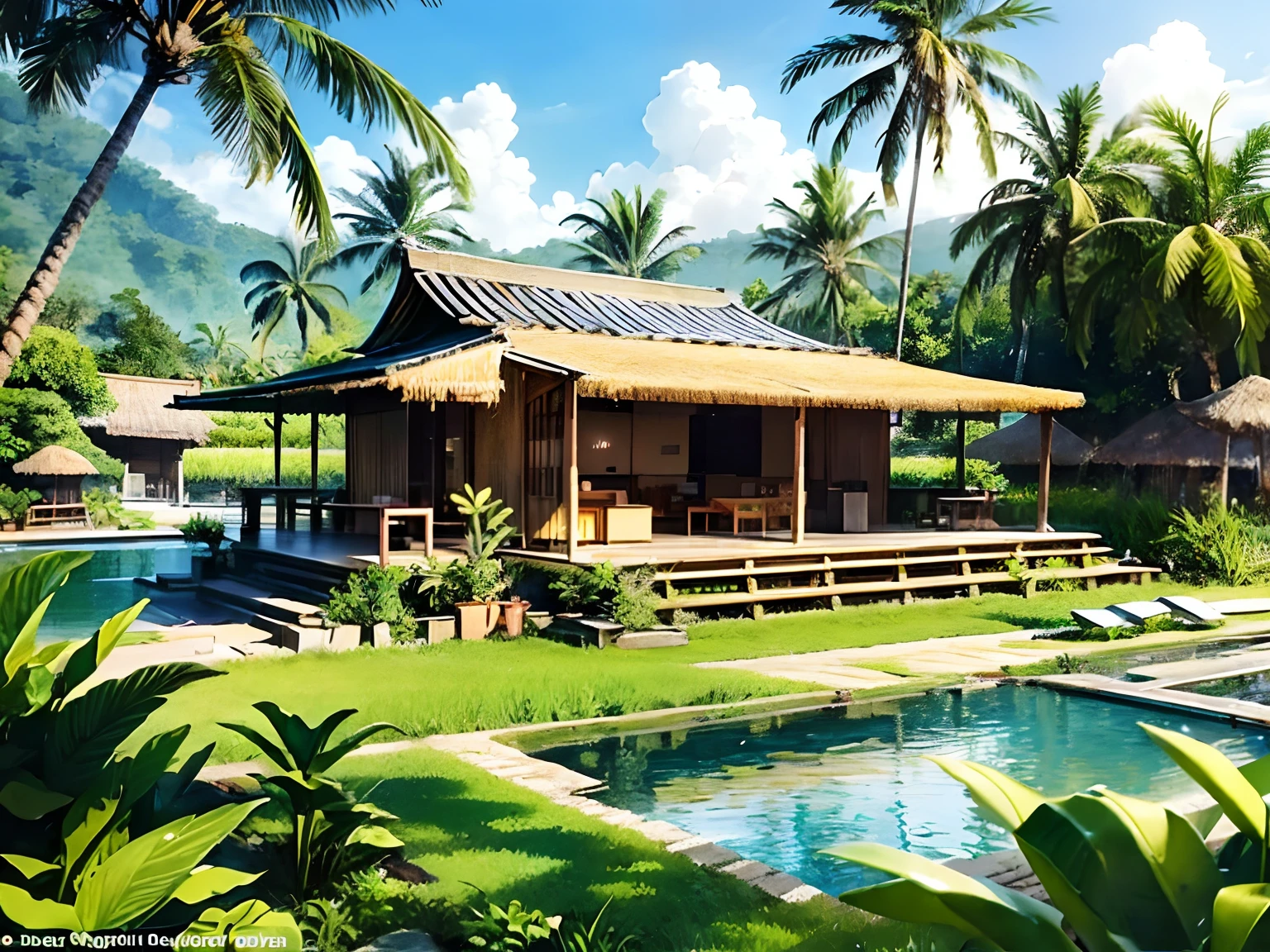 Site plan eco-resort hosted in shipping containers in the lush paradise of Bali rice field with near water features and plants everywhere, extreme plus resolution fantasy concept art, intricate details to everything visible, sharp lighting, dramatic light by denis villeneuve, strong emphasis on alphonse mucha, makoto shinkai