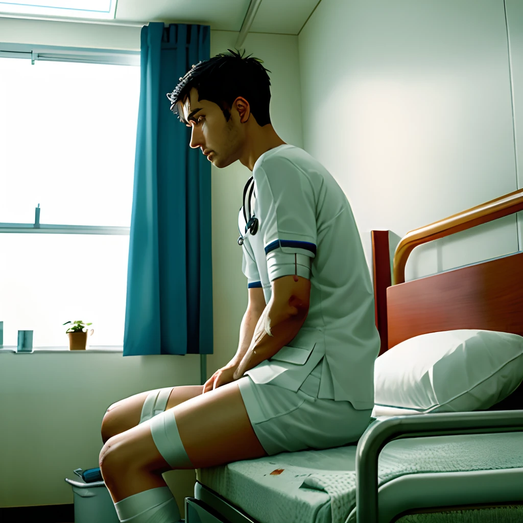 In a hospital bed,Wounded left knee joint bandage