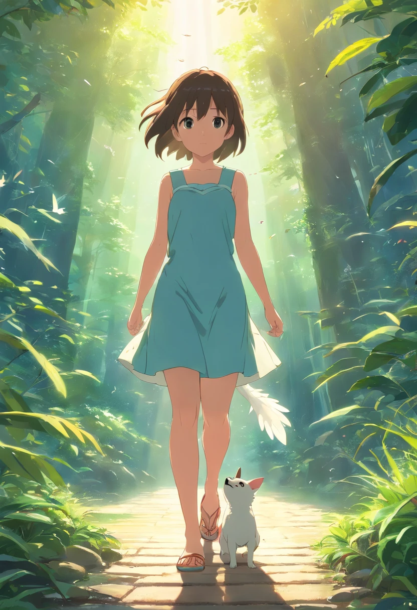 (La mejor calidad,altas:1.2),fotorrealista,anime,princesa,muchacha,vestido blanco,little guy,Bonito,perro de dibujos animados,(Girl Lowered Holding A Small Injured Bird)in your handsRio Claro,selva tropical,luz solar,contacto visual