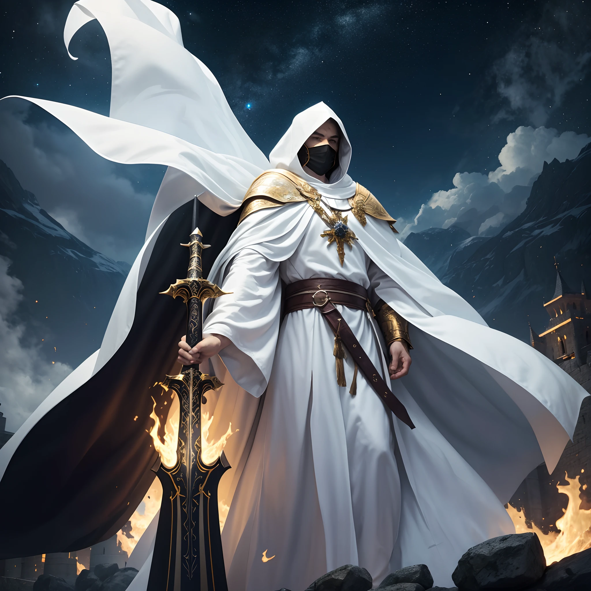 full body low angle shot of an intimidating male unarmored holy warrior with a large flowing white cloak with hood wearing a black and golden clothes and wielding a two-handed greatsword burning with golden flames standing on top of a castle tower on a starry night, man, ritualistic mask, long white cloak, shining white eyes, low angle, highly detailed, divine aspect, with a ritualistic porcelain mask