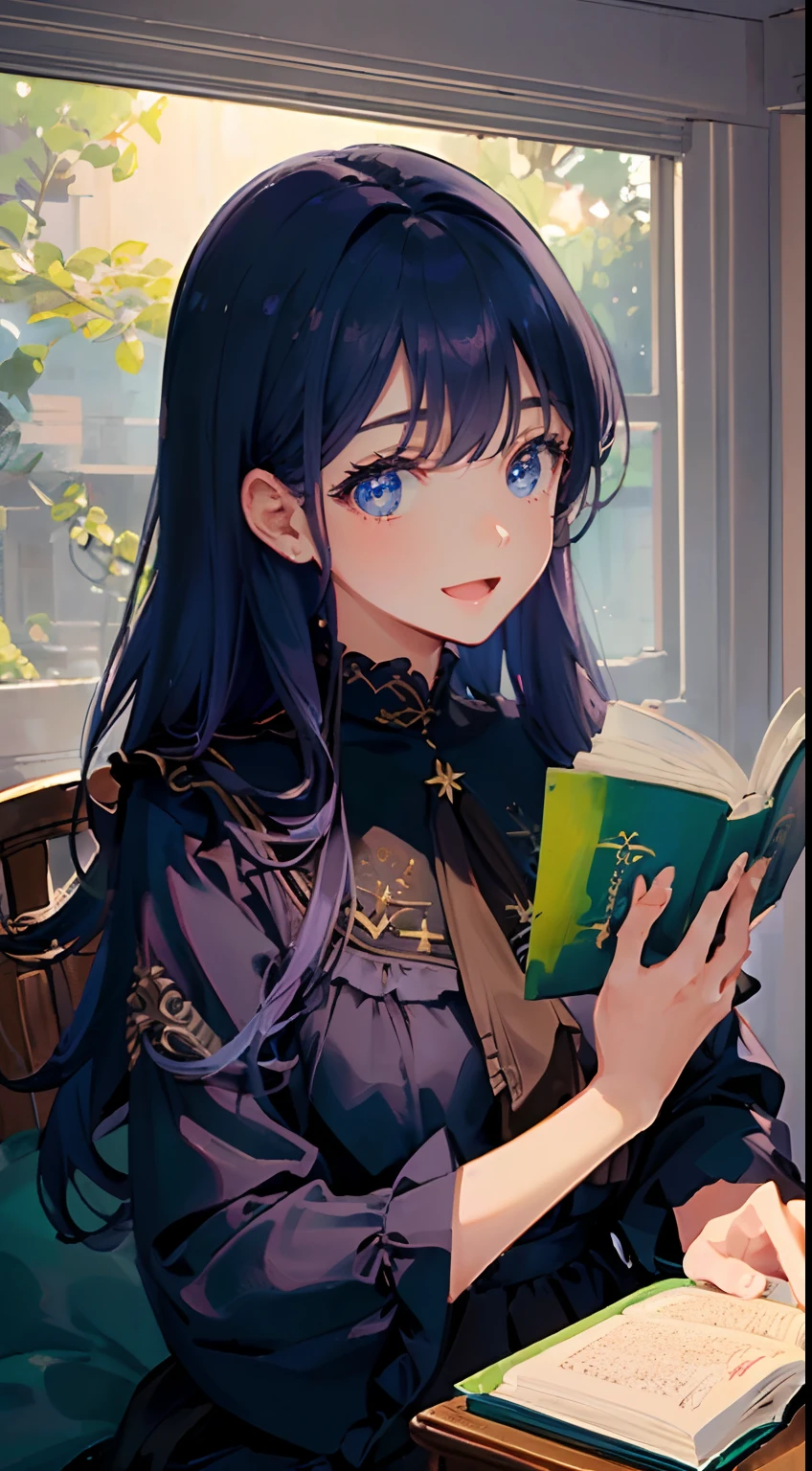(Solo, 1girl), (masterpiece, highest quality, Super Detail:1.6), 8K, Best Quality, reading an old book, holding a book close to face, (navy blue hair), Anime, wavy hair, wearing black long sleeve blouse, long skirts, high neck blouse, (front view, frontal face, from front, light from front), bedroom, 30 years old, open mouth, :d, super fine illustration, soft lighting, extremely beautiful girl, (extremely detailed eyes), no rouge,
