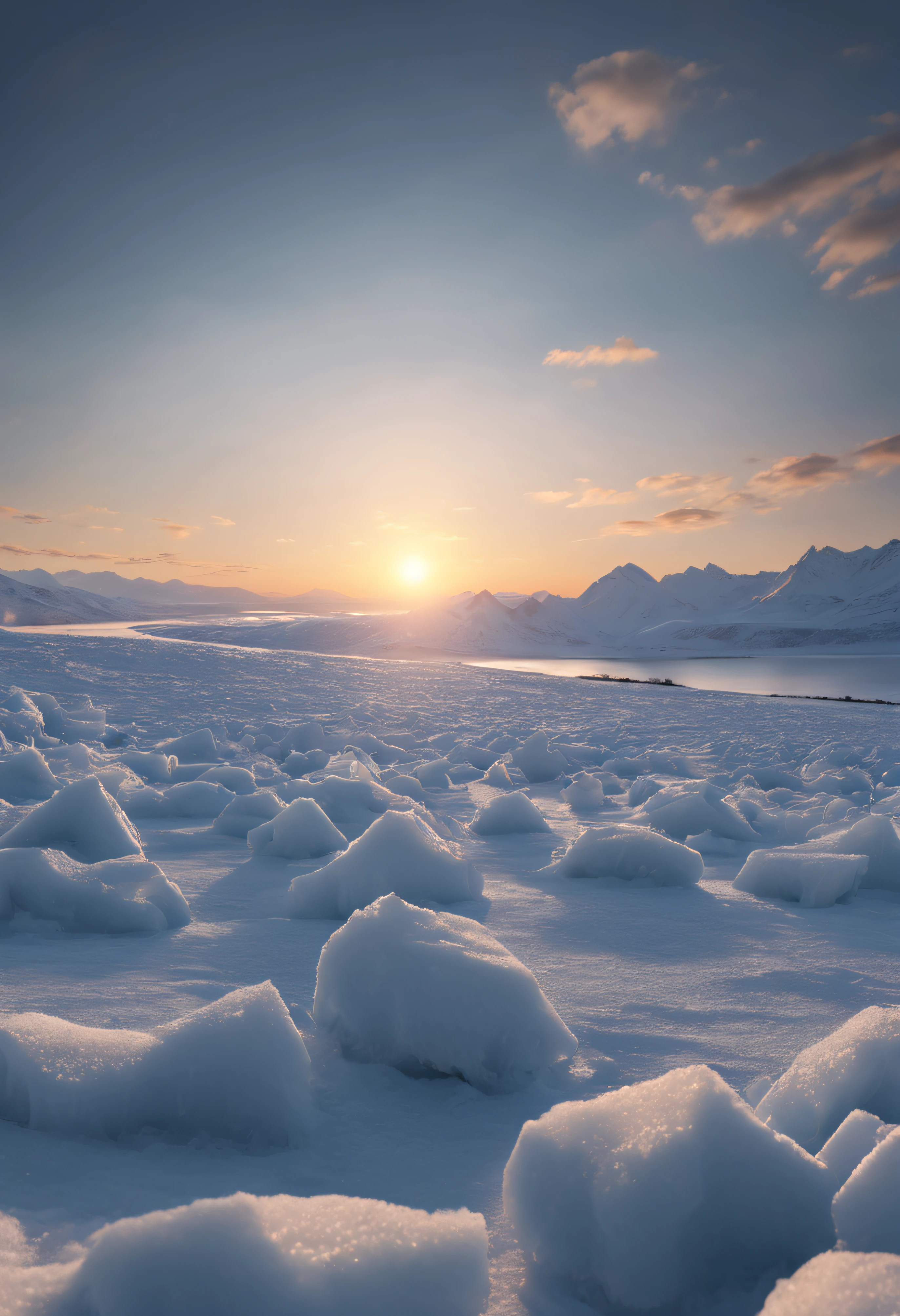 Thousands of miles of ice and snow, Endless, Faraway view, The scene is grand, Magnificent, the setting sun, setting sun, evening light, high detail, cinematic lighting, UHD, super detail, masterpiece, ccurate, highres, 8k