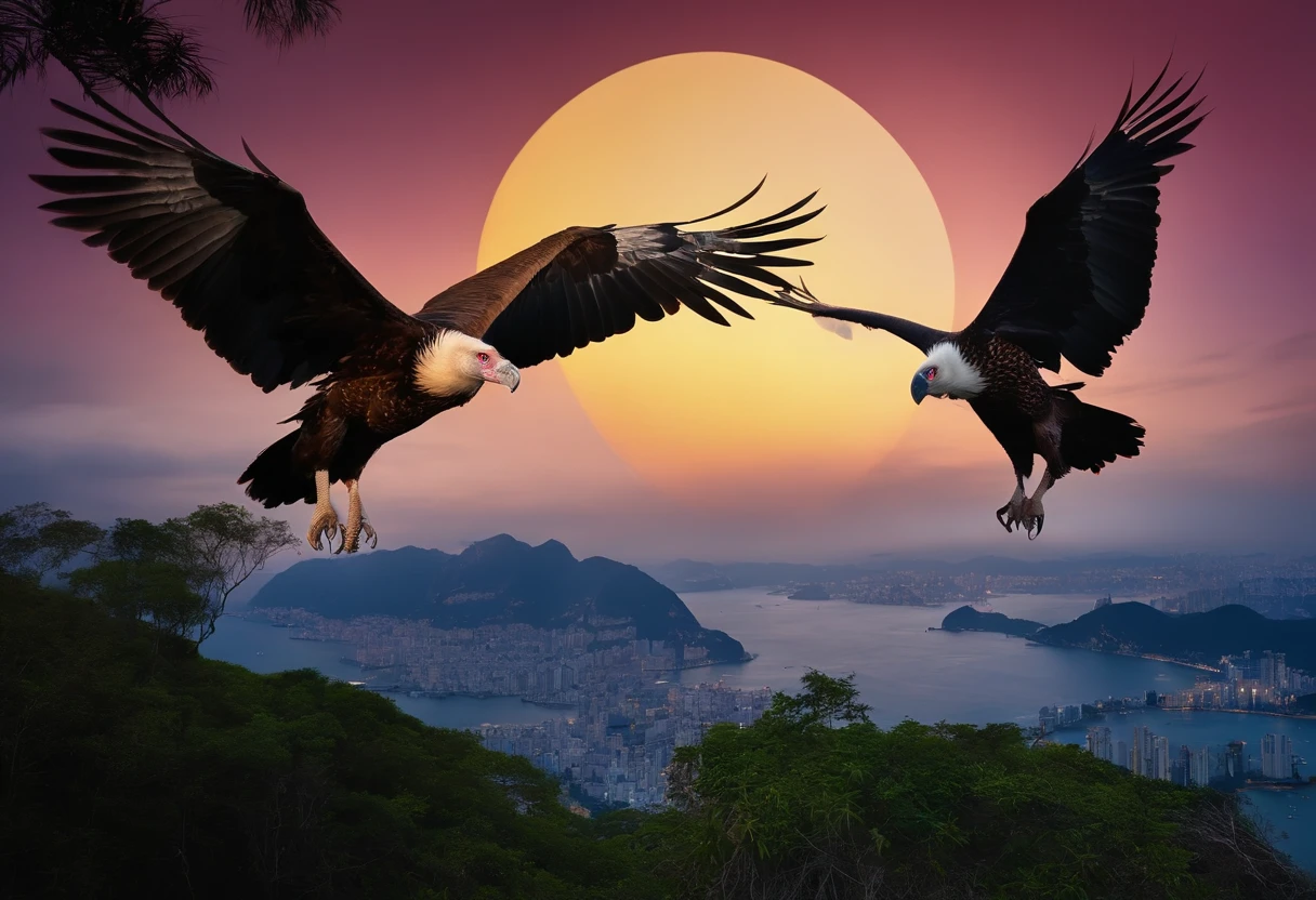 some vultures flying in circles on the edge of the cliff, sobrevoando o morro da Vista Chinesa ao fundo do Rio de Janeiro, Luzes, noite escura, com muitas sombras, stars and full moon in the sky and many trees coming down the cliff