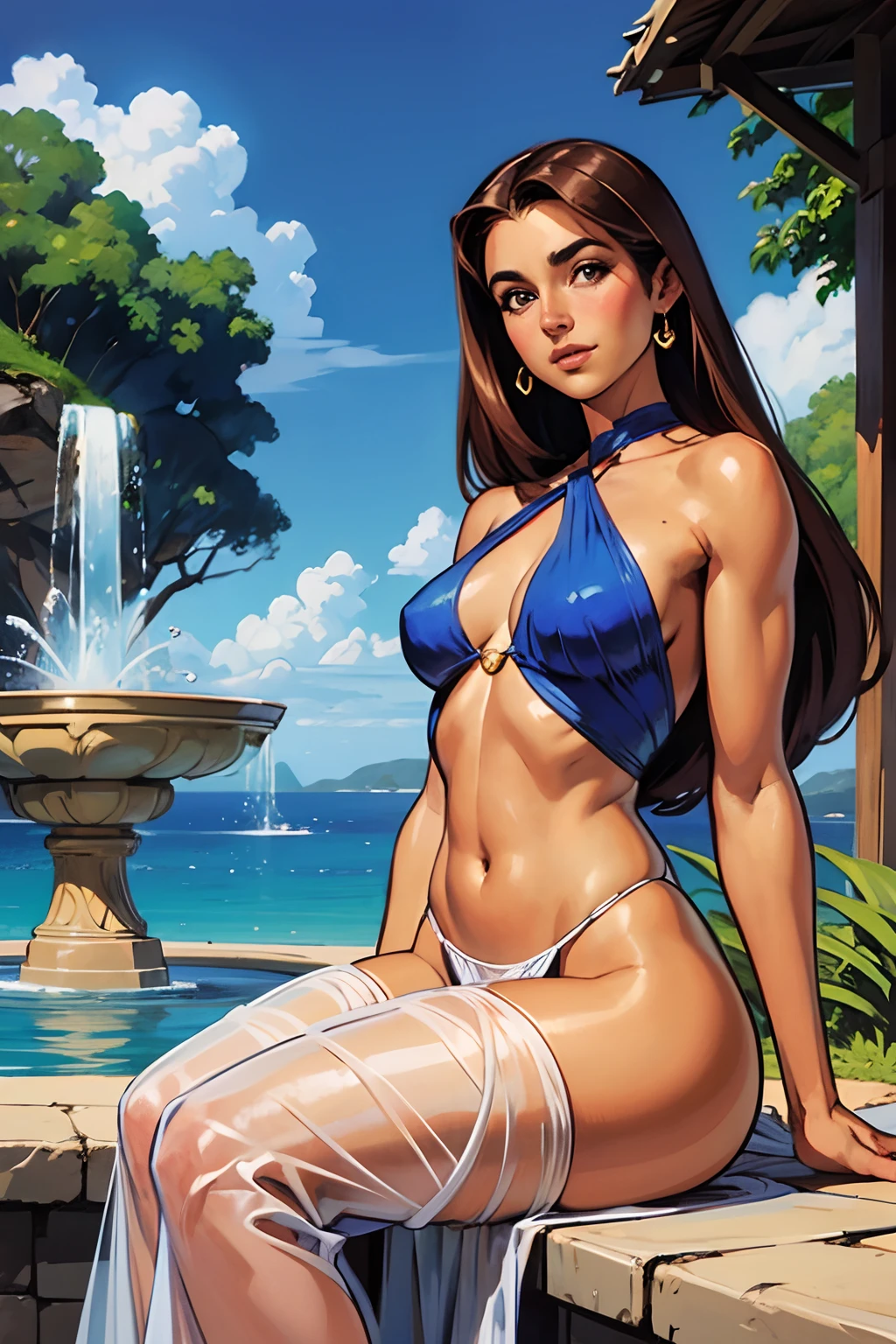 (SFW) Uma bela mulher loura de longos cabelos ondulados, olhos azuis, middlebreasts, cintura fina, tom de pele branca e suave, vestindo um manto transparente, reluzente, Sitting in a fountain contemplating the blue sky, um anjo belicoso com asas brancas e puras nas suas costas expostas, art direction John Buscema(arte detalhista e perfeita)