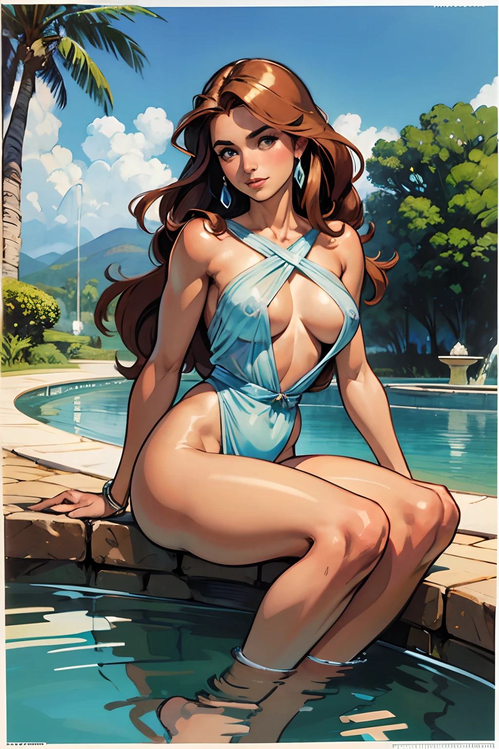 (SFW) Uma bela mulher loura de longos cabelos ondulados, olhos azuis, middlebreasts, cintura fina, tom de pele branca e suave, vestindo um manto transparente, reluzente, Sitting in a fountain contemplating the blue sky, um anjo belicoso com asas brancas e puras nas suas costas expostas, art direction John Buscema(arte detalhista e perfeita)