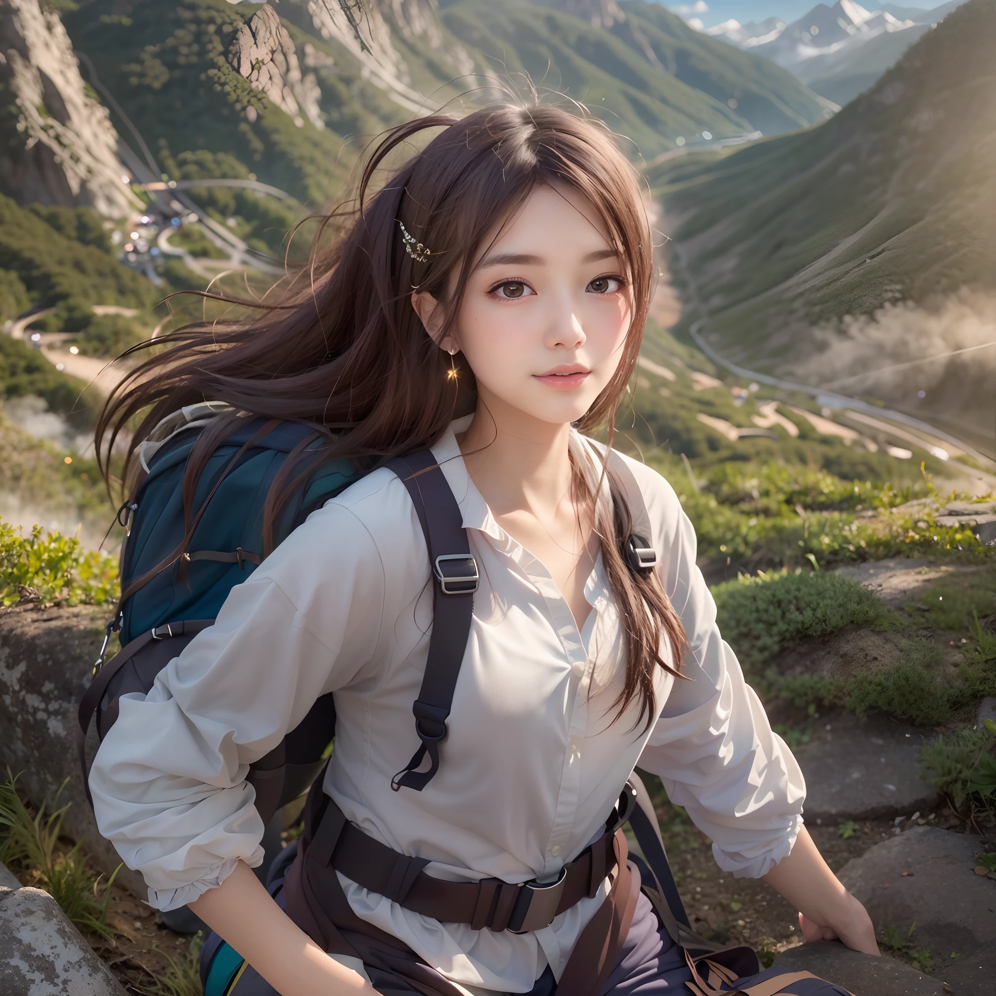 (Photos of natural landscapes), (Best Quality), Masterpiece:1.2, The ultra-Highres, Photorealistic:1.4, Raw foto, (Magnificent mountains, Sea of Clouds(Sea of Clouds)(Sea of Clouds(Sea of Clouds))(Sea of Clouds(Sea of Clouds)(Sea of Clouds(Sea of Clouds)))), (On very high mountain peaks), (sunset), (Wide-angle shooting), (cleavage display:0.8),
(1Girl), (Photo on the lap:1.3), (18 years-old), (Smile:0.9), (sparkly skin), (Semi-long hair, Dark-brown hair),
(Loose white shirt, Trekking shorts), (Carrying a large backpack),
(Ultra detail face), (Ultra Beautiful Maid), (ultra detailed eyes), (extremely detailed nose), (highly detail mouth), (Very delicate arms), (ultra-detailed body), Fan Focus, Looking at the audience