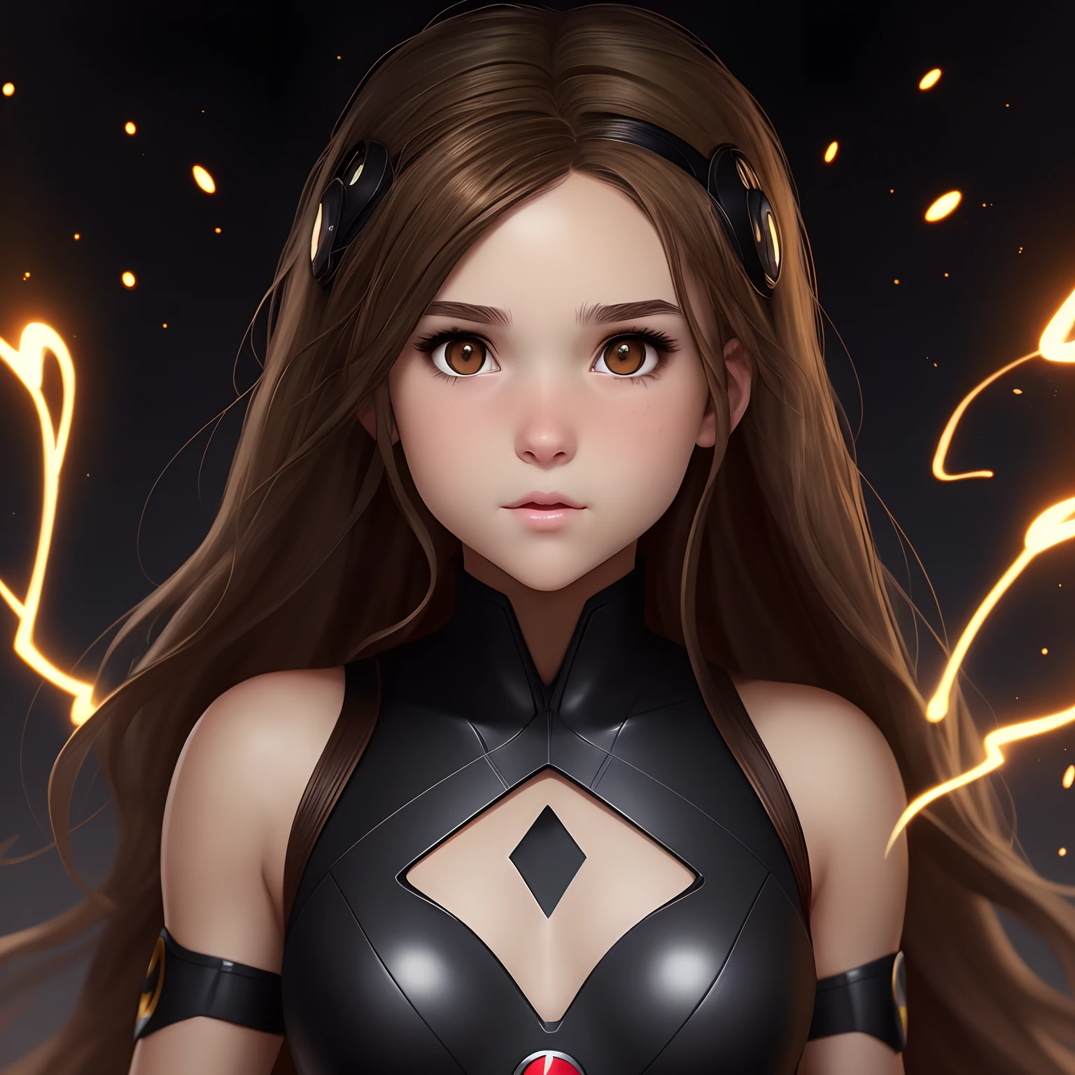 Make me a teenage female character who has brown hair, honey colored eyes, white skin, a button nose, and a petite body. She is a superhero who has void powers and she releases vine like tendrils that appear like tar. Comic book style.