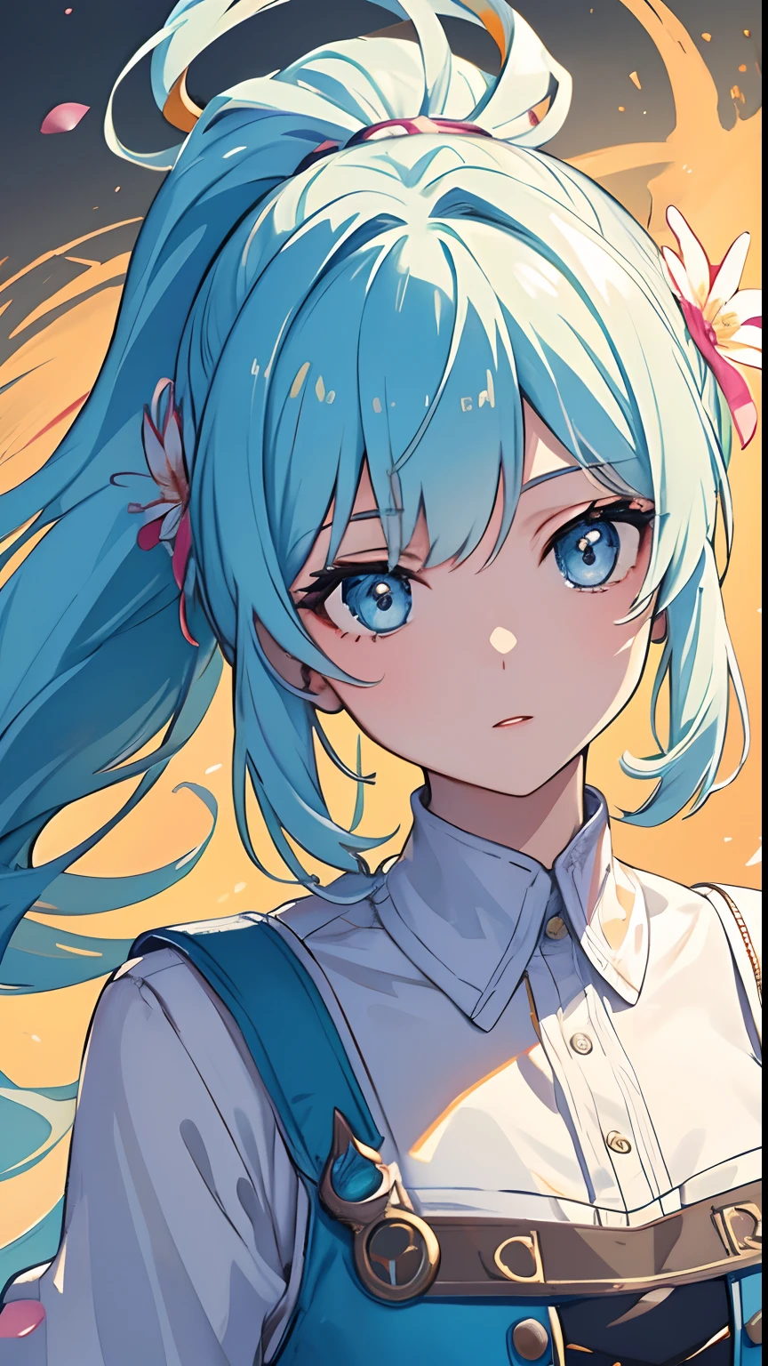 (masterpiece), (best quality), (ultra detailed),(disheveled hair),(illustration), (1girl), (Fashionable clothing), standing, Fashion model, looking at viewer, (interview), (simple background),beautiful detailed eyes, delicate beautiful face, Floating,(high saturation),(colorful splashes),colorful bubble,(shining), focus on face, ponytail, kamisato ayaka, light blue hair, bangs, hair ring, floating flowers, floating hairs, (shining), best lighting, best shadow,
