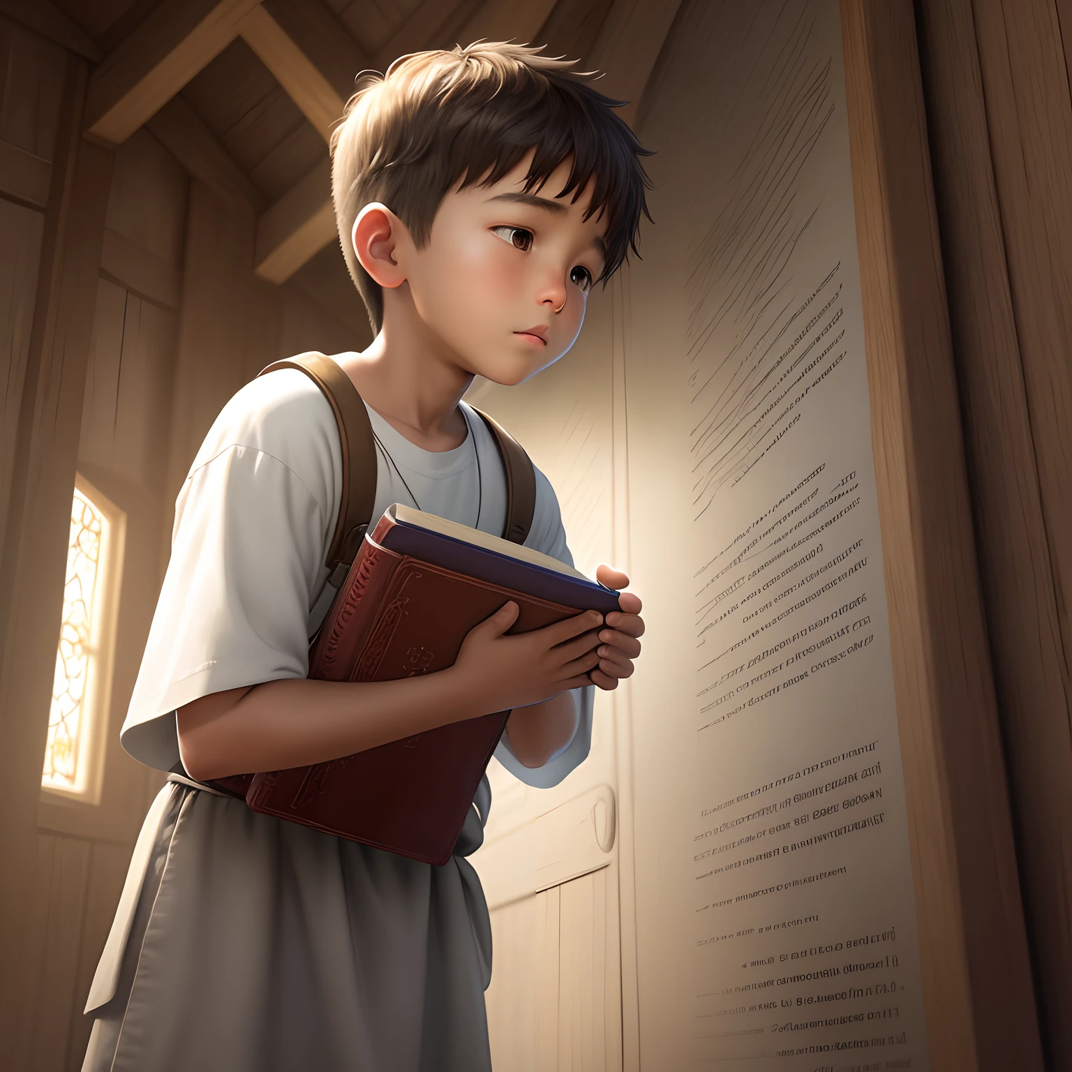 Realistic teno boy with bible in hand praying to the heavens