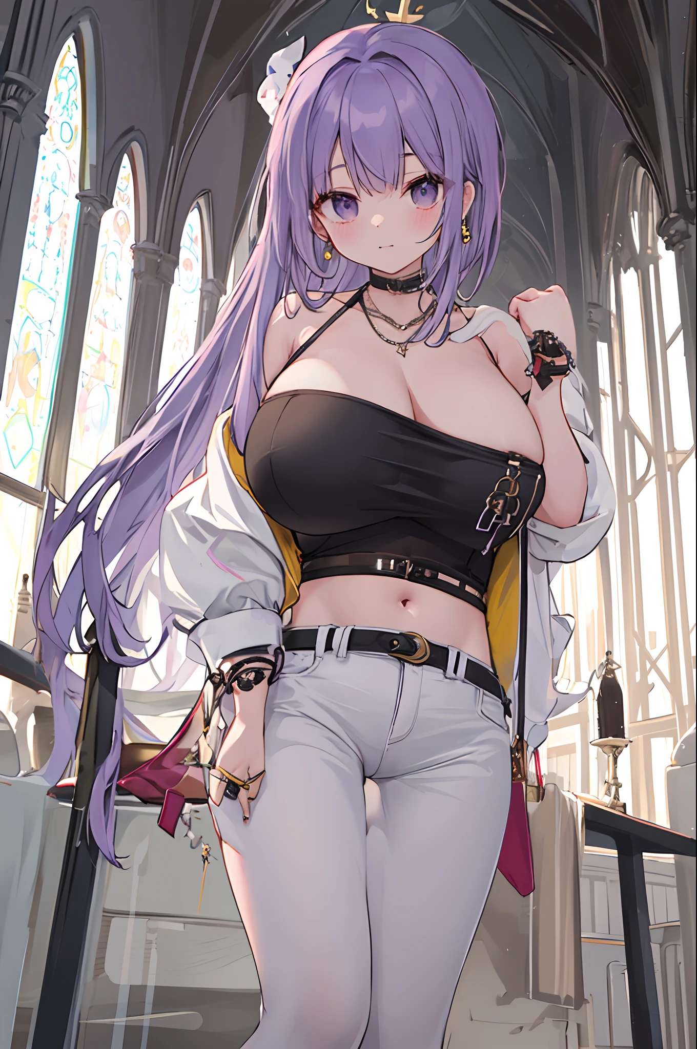 a beauty girl，Purple eye，White curly wave head，Jacket jacket，Crop top short sleeves，cropped shoulders，nabel，(huge tit)，Low-rise extra-short jeans，Black Knee Socks，White high-heeled booties，Silver necklace，Circle earrings，Leg loop straps，Shoulder belt，Bracelet，ruri，Church glazed windows，，(very fine and beautiful)，Exquisite background,（tmasterpiece）(HighestQuali)，(tmasterpiece)，Epic composition，The Temple of Splendidness，8k，dingdall effect，Meticulous background，sophisticated composition