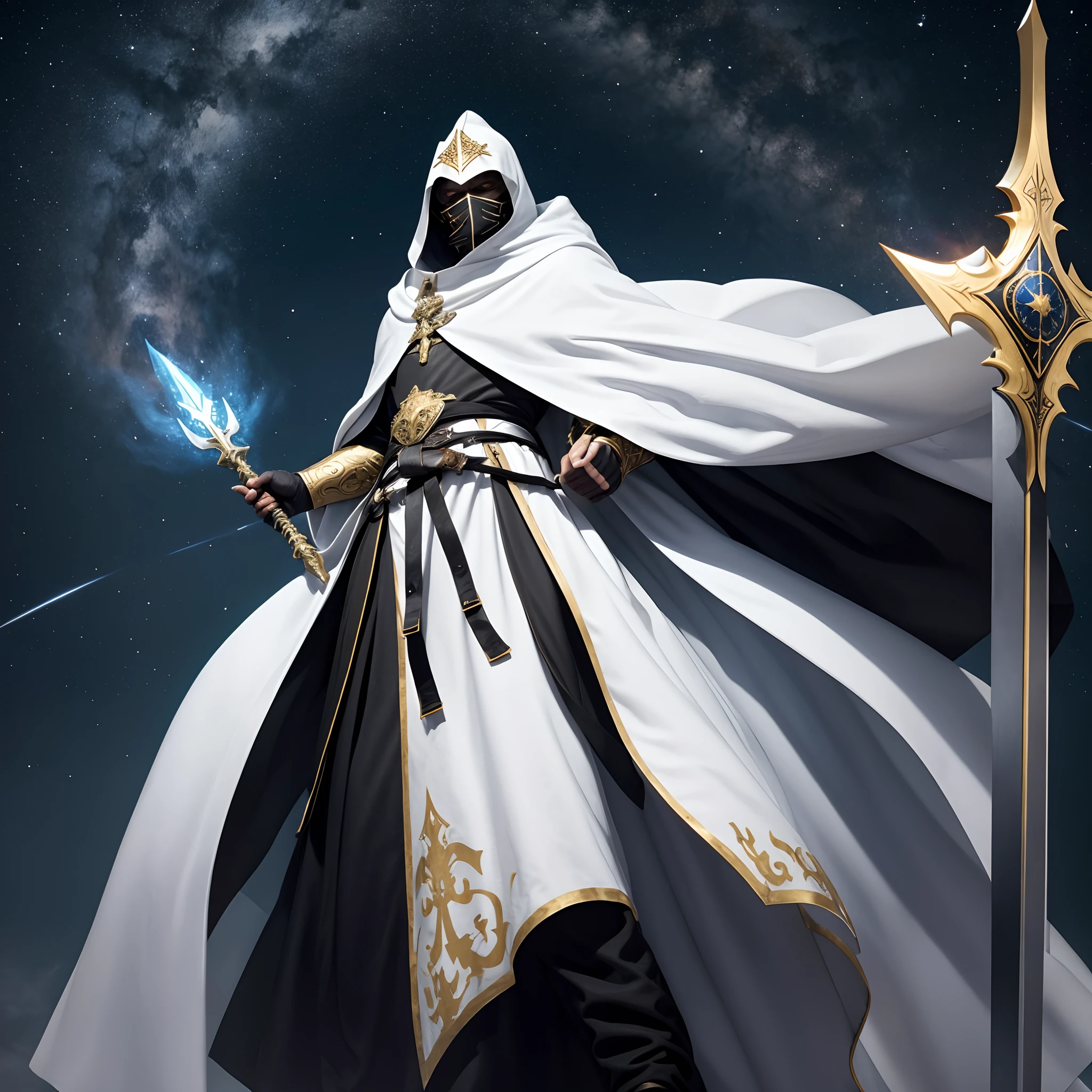 full body low angle shot of an intimidating male unarmored holy warrior with a large flowing white cloak with hood wearing a black and golden clothes and wielding a two-handed greatsword burning with golden flames standing on top of a castle tower on a starry night, man, ritualistic mask, long white cloak, shining white eyes, low angle, highly detailed, divine aspect, masked with a ritualistic porcelain guise