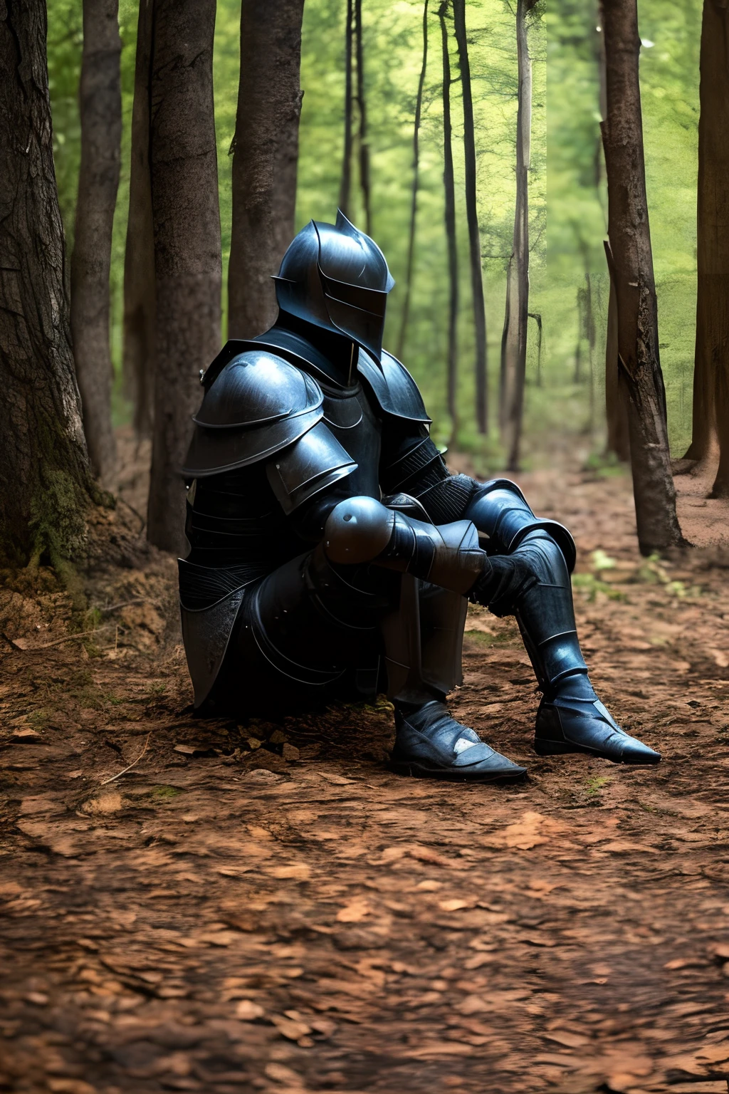 a black knight. Sitting down. No helmet. In woods. Night time.