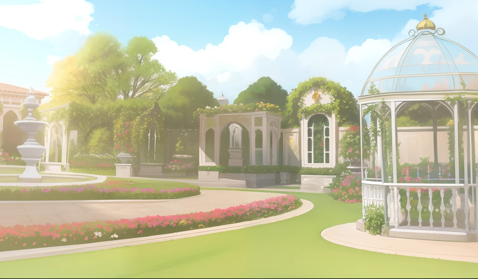 pintura de um jardim com uma fonte e um gazebo, Fundo do jardim real, anime scenery concept art, arte de fundo do anime, jardim realista, Arte de fundo, anime scenery, fundo do jardim, paisagem do jardim real, beautiful anime scenery, arte de fundo, fundo do parque, palace background, ambiente floral, scenery artwork, French Garden, anime bela cena de paz, random background scene