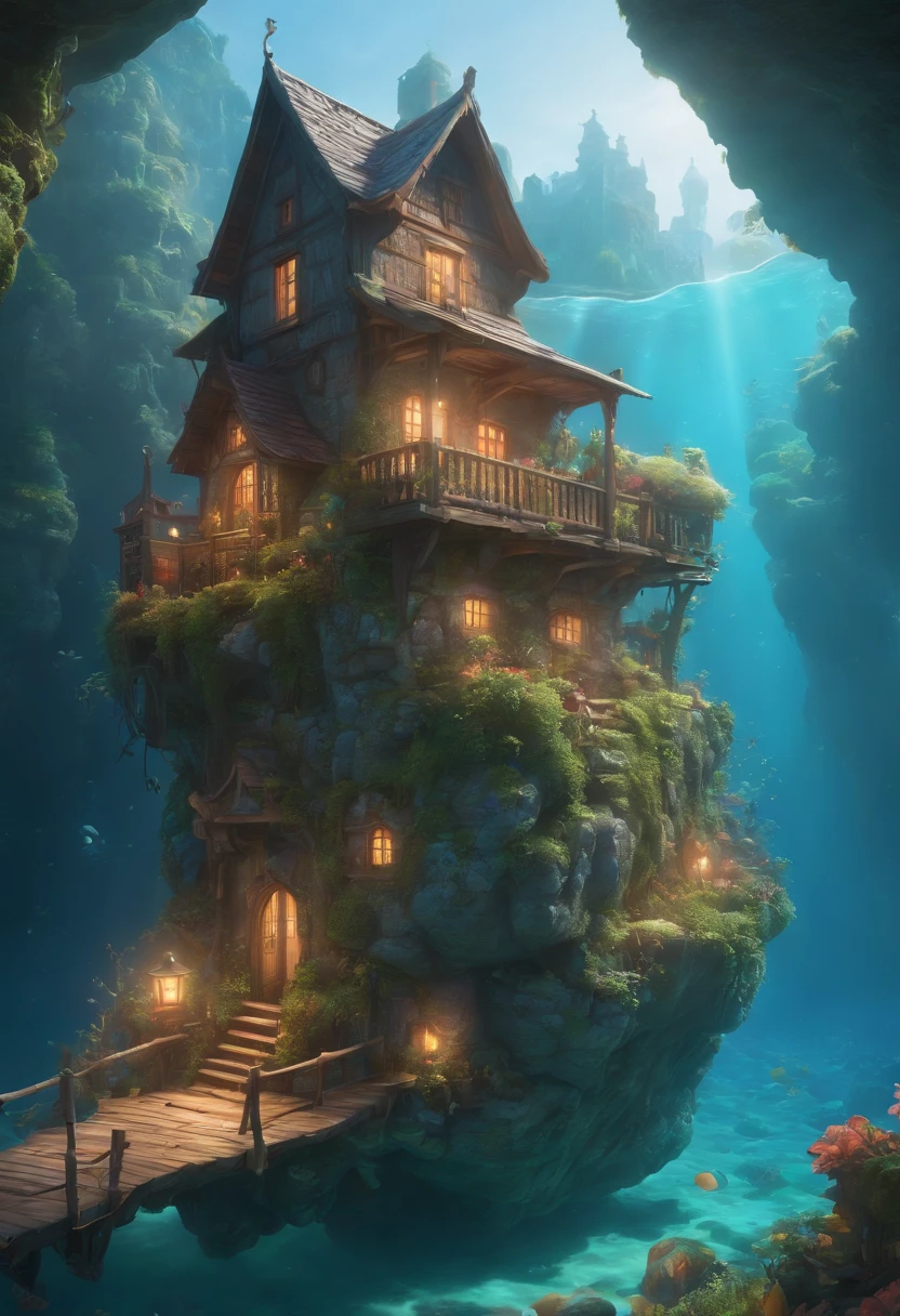 Color (Fantasy: 1.2), (Hayao Miyazaki style), (irregular building floating under the sea), patchwork cottages, Moss decorations, coral, lights, concept art inspired by Andreas Rocha, Artstation contest winner, Fantasy art, (underwater city), ross tran, light shafts, realistic lighting, masterpiece, high quality, beautiful graphics, high detail, masterpiece, high quality, beautiful graphics, high detail,