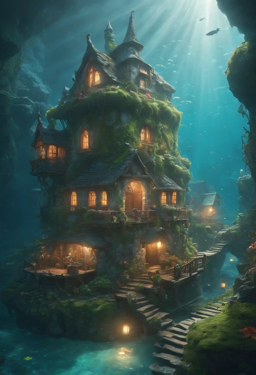 Color (Fantasy: 1.2), (Hayao Miyazaki style), (irregular building floating under the sea), patchwork cottages, Moss decorations, coral, lights, concept art inspired by Andreas Rocha, Artstation contest winner, Fantasy art, (underwater city), ross tran, light shafts, realistic lighting, masterpiece, high quality, beautiful graphics, high detail, masterpiece, high quality, beautiful graphics, high detail,