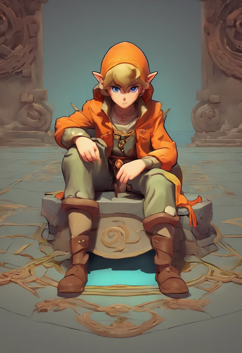 very effeminate boy on his knees with his eyes up out in the underworld wearing a Zelda cosplay, 3d