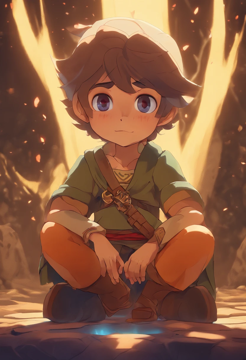 very effeminate boy on his knees with his eyes up out in the underworld wearing a Zelda cosplay, 3d