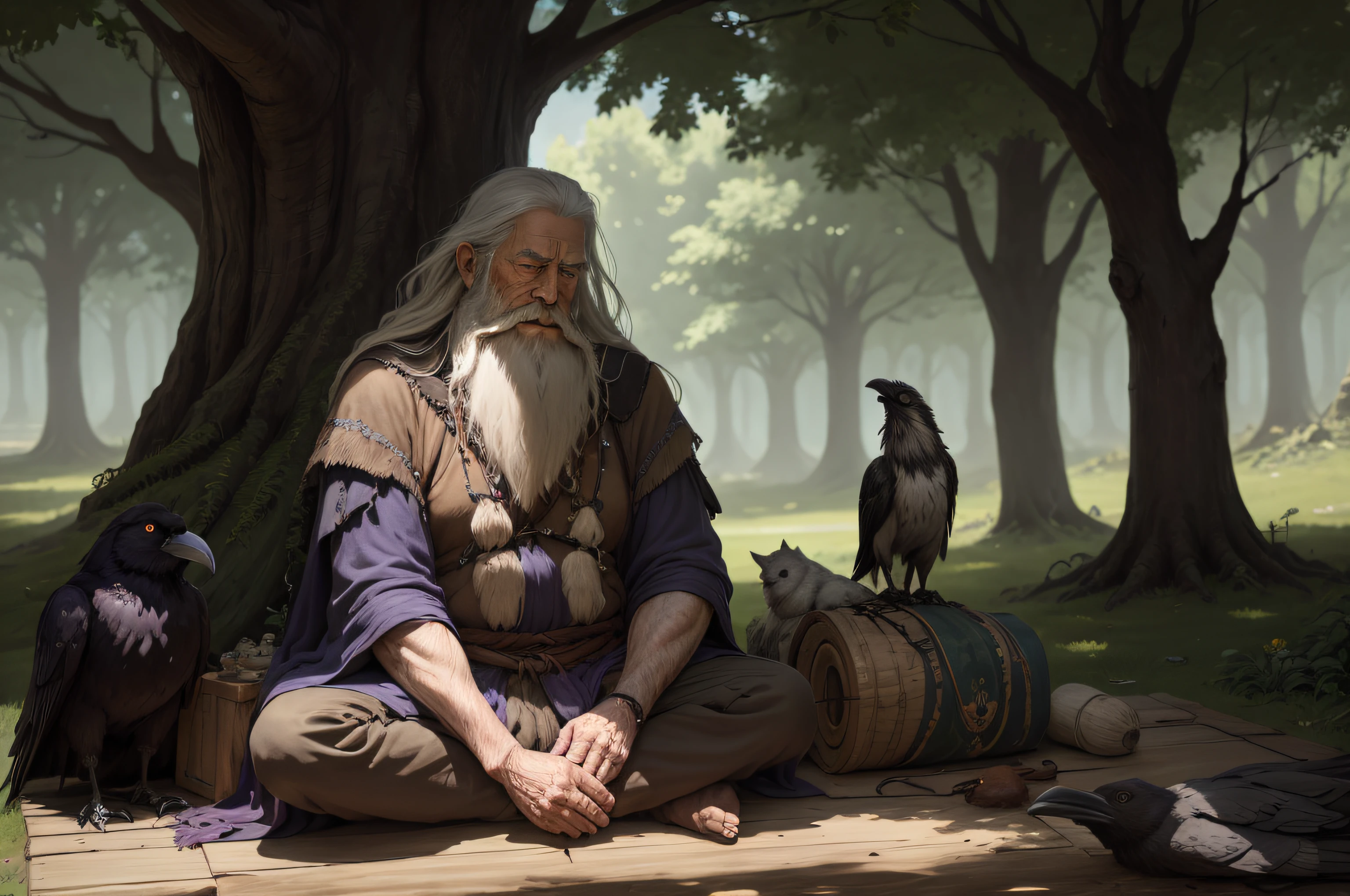 an old druid sitting in the shade of a tree with his long beard in his lap and his wooden staff on the ground beside him, a raven in his hand and a wolf lying in front of him