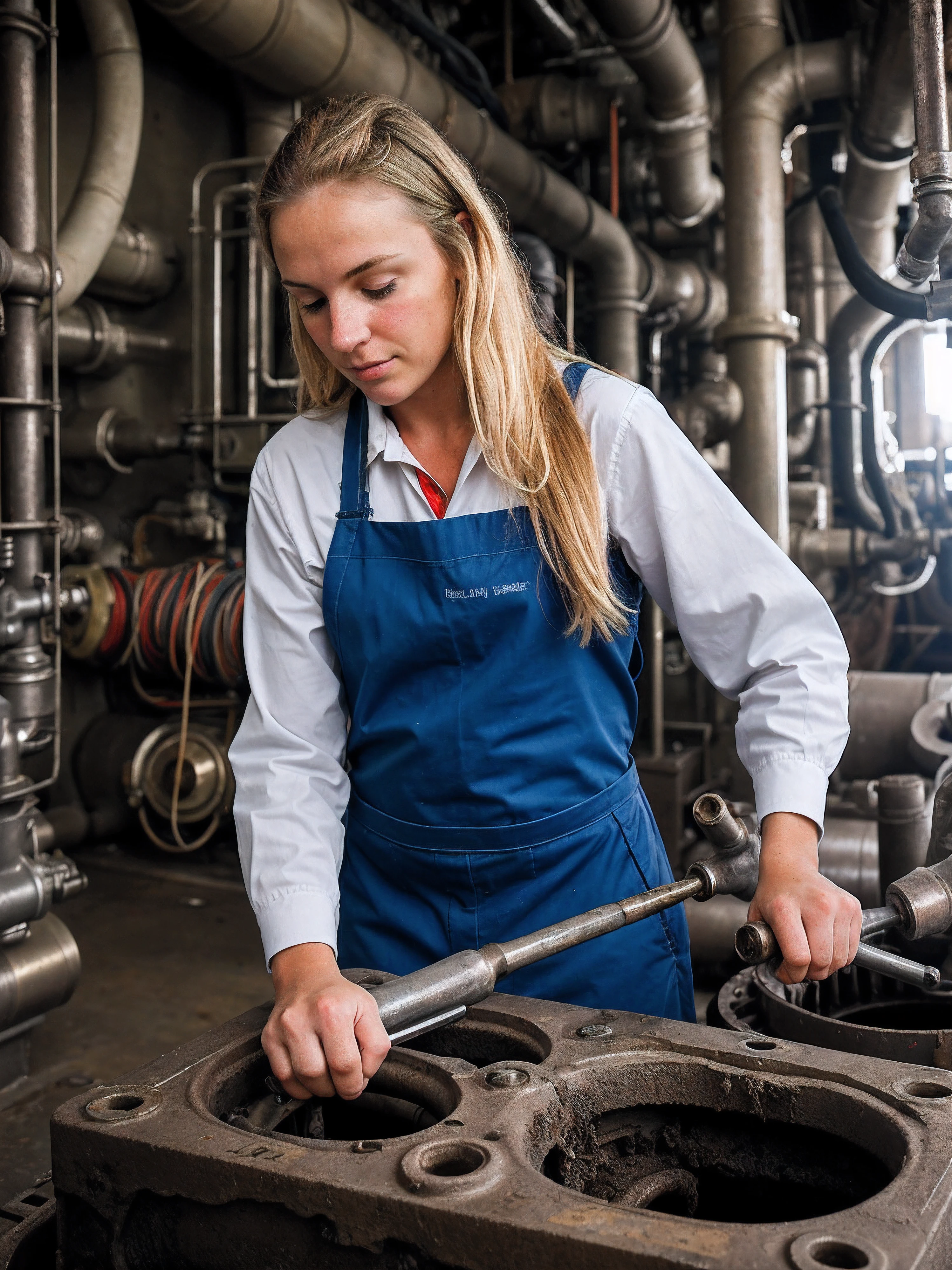 1girl, blond hair, old engine operator clothes, masterpiece, navel, working in the engine room of an old steam ship, (repairing the engine with tools:1.2), dirty, steamy, oil, grease, dark, wide angle action shot