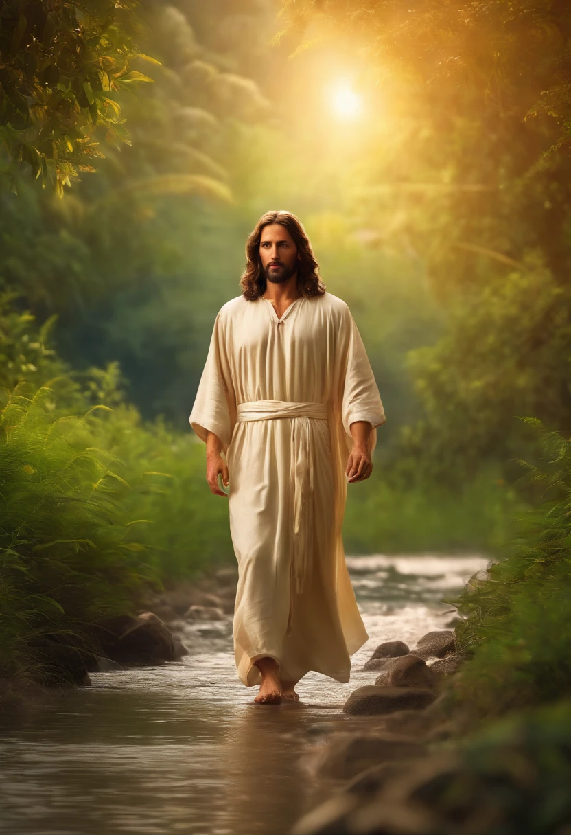 Jesus Walking in Paradise, Smooth expression, e feliz, obra-prima, alta qualidade, alta qualidade, altamente detalhado CG unidade papel de parede 8k, fotos premiadas, bokeh, profundidade de campo, HDR, bloom, chromatic aberration, realista, muito detalhado, trending in the artstation, trend in CGSociety, complexo, alto detalhe, dramatic, arte no meio da jornada, volumeric lighting, feet on water. --auto --s2