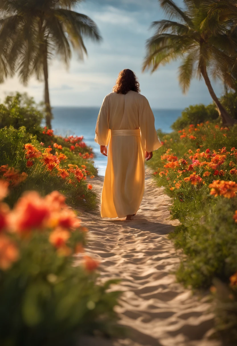 Jesus Walking in Paradise, Smooth expression, e feliz, obra-prima, alta qualidade, alta qualidade, altamente detalhado CG unidade papel de parede 8k, fotos premiadas, bokeh, profundidade de campo, HDR, bloom, chromatic aberration, realista, muito detalhado, trending in the artstation, trend in CGSociety, complexo, alto detalhe, dramatic, arte no meio da jornada, volumeric lighting, feet on water. --auto --s2