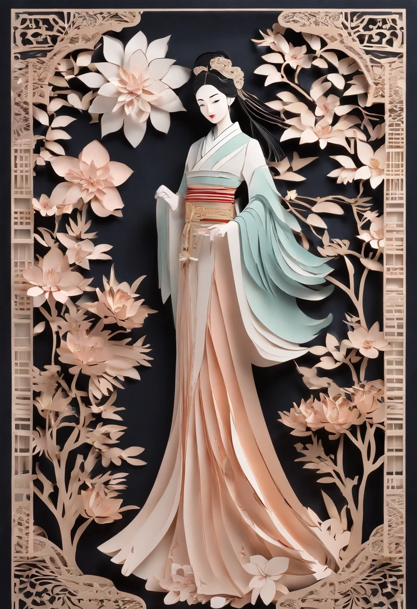 best quality, highres, (paper art), (fairytale:1.1), (Chinese:1.1) woman, (hanfu:1.1), (beautiful:1.1) render, (intricate:1.1) details, (moonlit:1.1) scenery, (masterpiece:1.2), painted (metal:0.9), (vibrant:1.1) colors, (soft:0.9) lighting