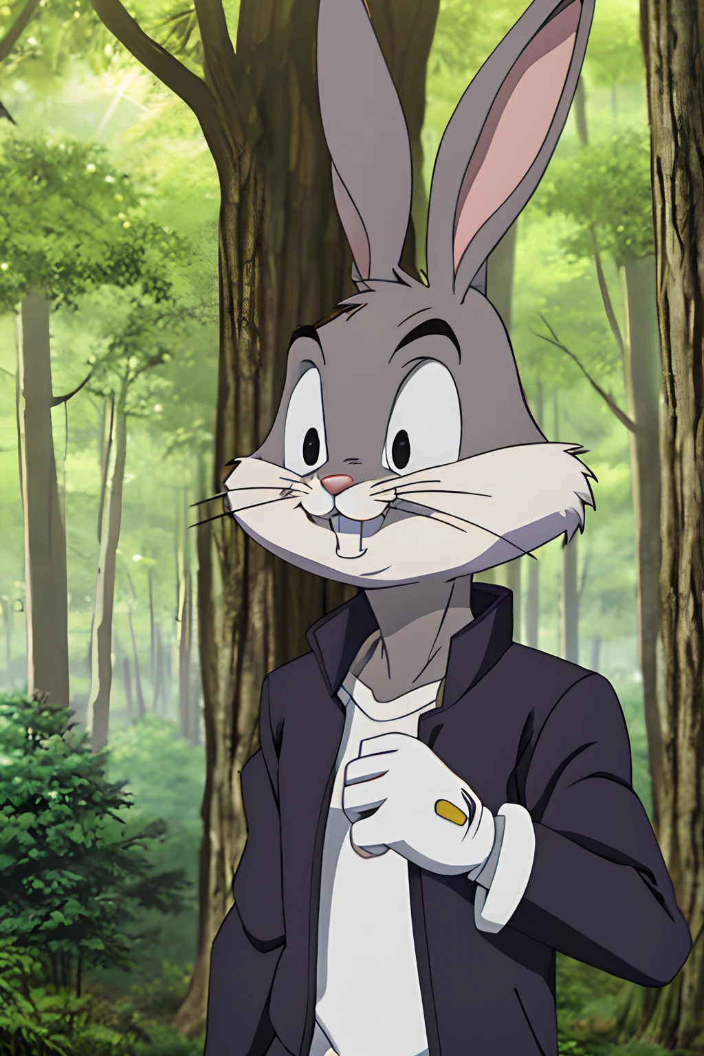 gloves, male, solo, bugs bunny, rabbit, buckteeth, forest, long ears, grey body, grey fur, white fur,furry,anime style, anime screencap, 2010s_\(style\), grin, forest, upper body, short-sleeved jacket with white lining,16k