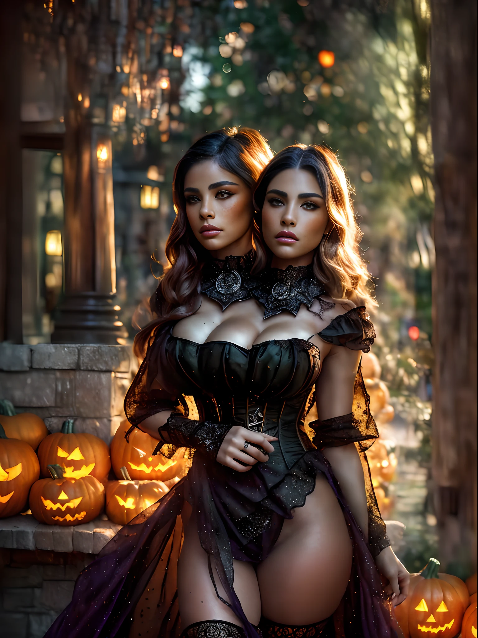 (Two Heads), blonde woman in a sexy Halloween witch costume walking in a neighborhood at night, Halloween night, madison beer, profile image, wearing a sexy costume, pumpkins, Halloween decorations, profile pic, sexy face, cute freckles, small freckles, sexy face spooky makeup, detailed flawless face, seductive smile, (RAW, analog, Nikon Z 85mm, award winning glamour photograph, ((best quality)), ((masterpiece)), ((realistic)), radiant light rays, highres, detailed facial features, high detail, sharp focus, smooth, aesthetic, extremely detailed, photo_\(ultra\), photorealistic, realistic, post-processing, max detail, realistic shadows, roughness, natural skin texture, real life, ultra realistic, photorealism, photography, 8k uhd, photography, hdr, intricate, elegant, highly detailed, sharp focus, radiant light rays), ( epic realistic:1.3), (hdr:1.4), intricate details, intricate , cinematic, detailed