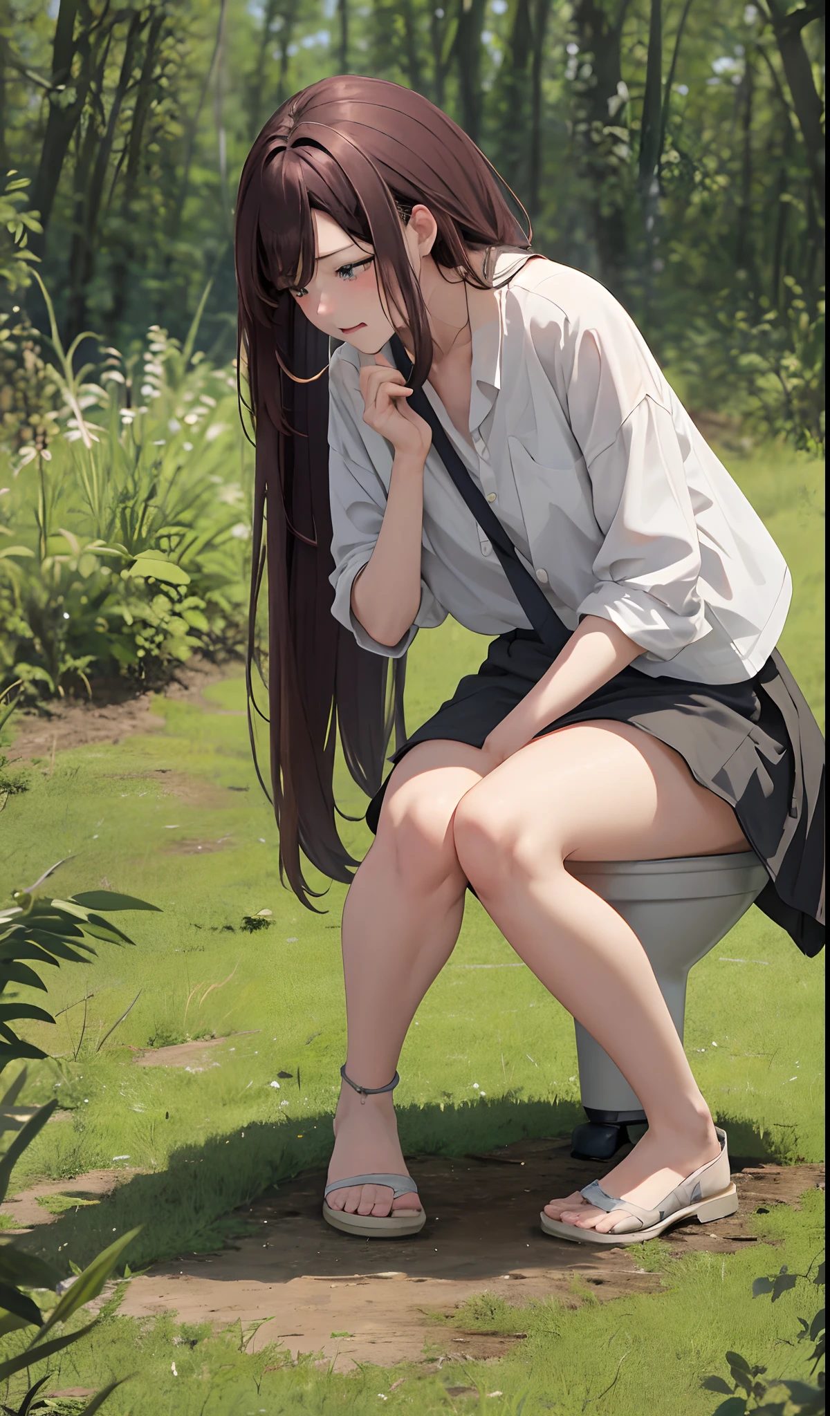 1 sexy girl is going to the toilet in the grass，looks away，Squat，green-eyed，embarressed，Be red in the face，Keep one's mouth shut，the woods（The girl is peeing herself：0.4）