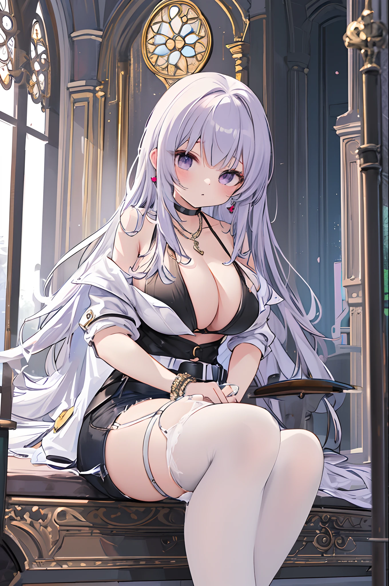 a beauty girl,Purple eye,White curly wave head,Jacket jacket,Crop top short sleeves,cropped shoulders,nabel,(huge tit),Low-rise extra-short jeans,Black Knee Socks,White high-heeled booties,Silver necklace,Circle earrings,Leg loop straps,Shoulder belt,Bracelet,ruri,Church glazed windows,,(Very fine and beautiful),Exquisite background,(tmasterpiece)(HighestQuali),(tmasterpiece),Epic composition,The Temple of Splendidness,8K,Dingdall effect,Meticulous background,sophisticated composition