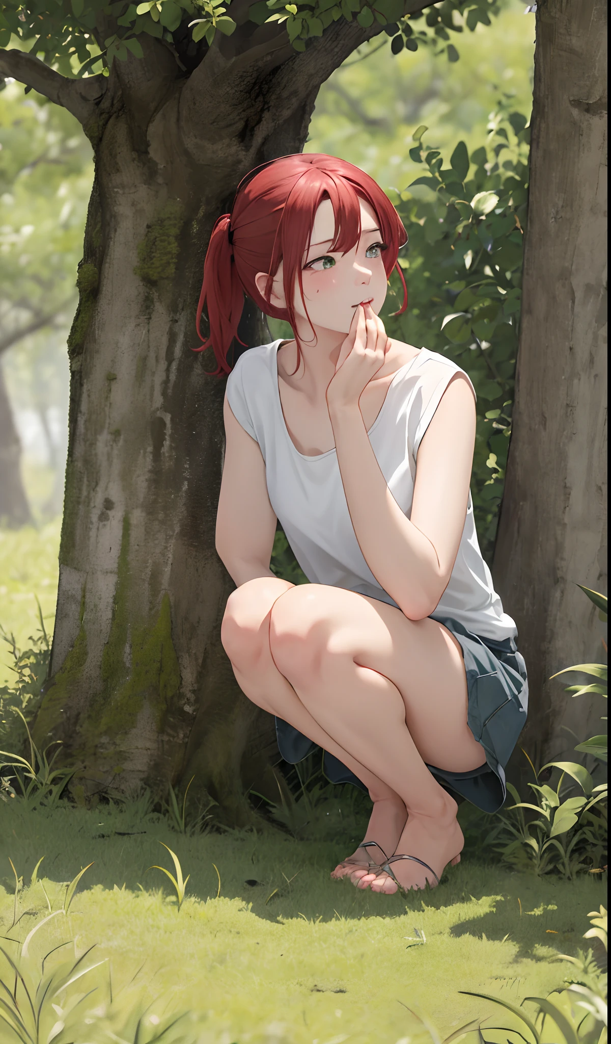 1 sexy girl is going to the toilet in the grass,looks away,Squat,green-eyed,embarressed,Be red in the face,Keep one's mouth shut,the woods(The girl is peeing herself:0.4)