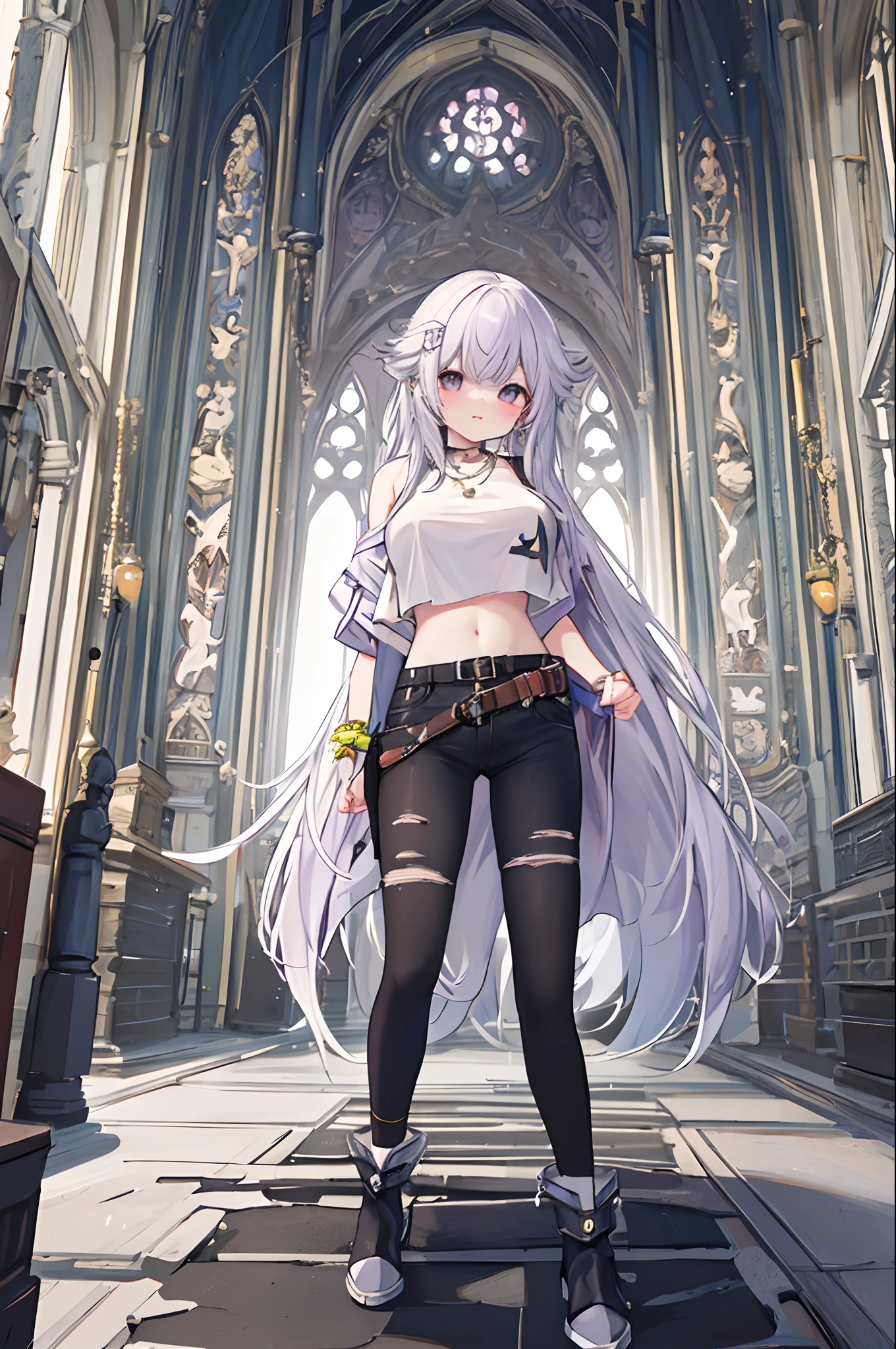 a beauty girl，Purple eye，White curly wave head，Jacket jacket，Crop top short sleeves，cropped shoulders，nabel，(huge tit)，Low-rise extra-short jeans，Black Knee Socks，White high-heeled booties，Silver necklace，Circle earrings，Leg loop straps，Shoulder belt，Bracelet，ruri，Church glazed windows，，(Very fine and beautiful)，Exquisite background,（tmasterpiece）(HighestQuali)，(tmasterpiece)，Epic composition，The Temple of Splendidness，8K，Dingdall effect，Meticulous background，sophisticated composition