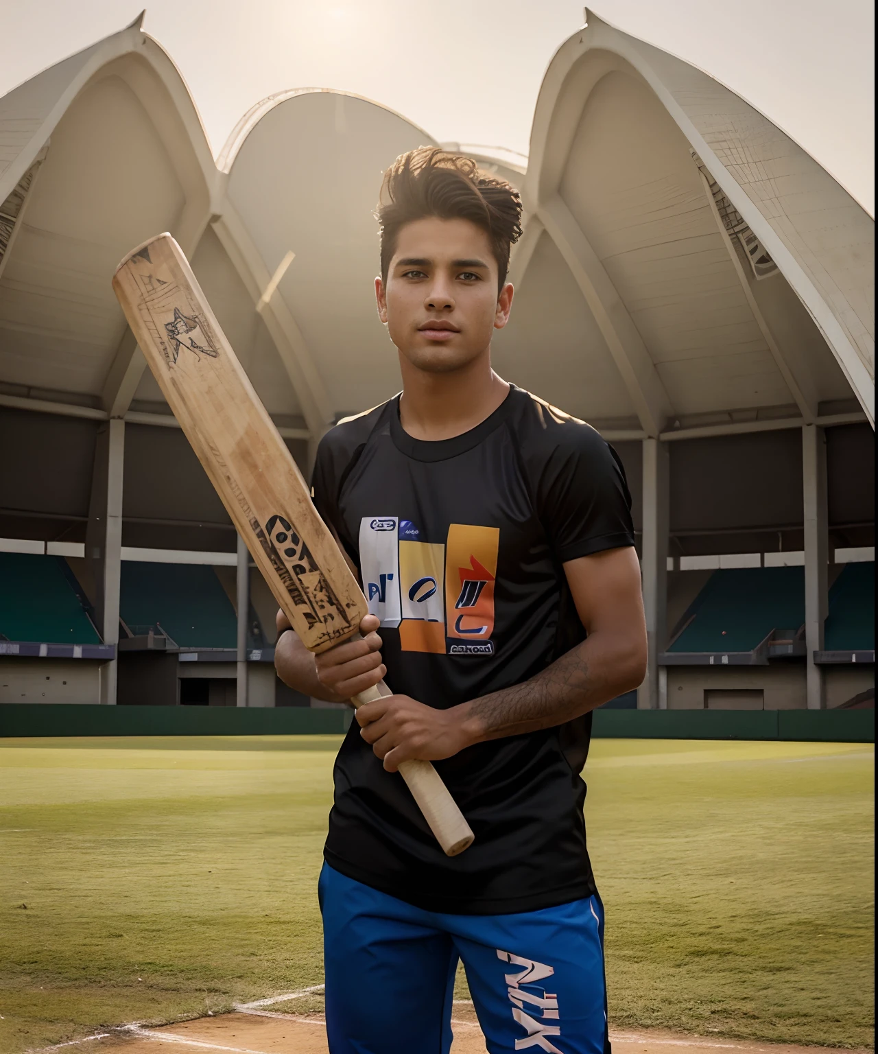 A boy cricket player, handsome boy realistic, 20 year's old, background Stadium ground, a boy unique Pant, unique Jersey Design & bat,stylish hair, realistic picture, realistic face, high quality, v4,High details,white handsome boy,