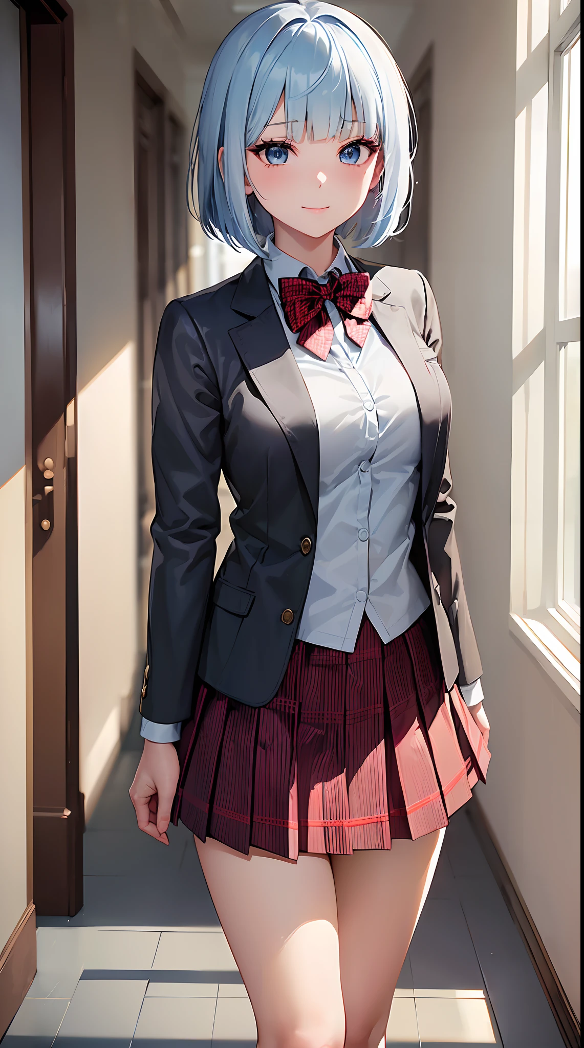 (masterpiece: 1.3), (best quality: 1.3), high resolution, cowboy shot, (one beautiful girl: 1.3), solo, white skin, medium breasts, (light blue hair), (bob hair:1.2), (hair short:1.2), (blunt bangs:1.2), beautiful hair, blue eyes, beautiful eye details, blush, seductive smile, heart, ((maroon blazer, pleated mini skirt, socks, private black school uniform, houndstooth pleated skirt, red checkered bow tie)), classroom hallway, facing forward, shadow lighting, (standing)