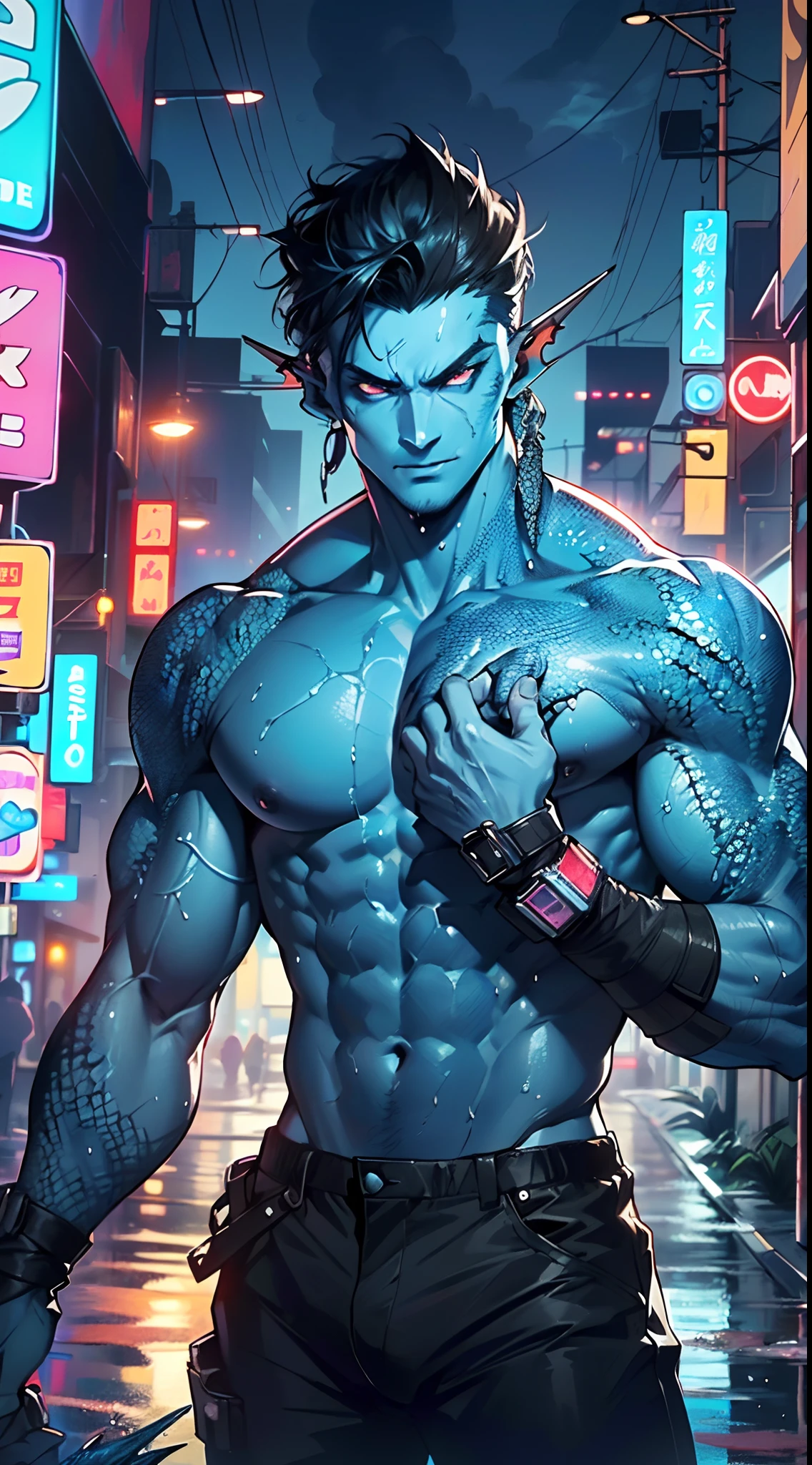muscular man,(((1man))),((man muscular)),
(((1male,man:1.5,handsome man,male,male gender:1.5,male focus))),macho man,
Alien Fish man, ((blue skin:1.5)), (huge eyes:1.5), (((ear fins:1.5))), (((scaly skin:1.5))),((monster_man)),(deep blue skin:1.5),
((short black hair)),(((lustrous skin:1.5,bright skin: 1.5,shiny skin,very shiny skin,shiny body,illuminated skin))),(glowing eyes, blue_eyes:1.0), (((black sclera:1.5))),symmetrical eyes,((exaggerated muscles,exaggerated shoulders,very muscular and huge)),man chest,handsome face,((((muscular,hairy body,muscular man,tall,big biceps,abs,big thighs,broad shoulders,open chest)))),(((detailed face))),(((square jaw))),
alluring look,nsfw,
(((bare chest,shirtless))),hunter pants,((bulge in pants)),(hunter outfit:1.3,hunter clothes),((wet clothes,intricate outfit,intricate clothes)),
(dynamic pose:1.0),solo focus,((evil smile,evil look)),(centered,scale to fit dimensions,Rule of thirds),
cyberpunk city by the ocean at night, with bright neon signs and dark stormy clouds and puddles, scenery:1.25,
highres, sharp focus, (ultra detailed, extremely detailed), (photorealistic artwork:1.37),(extremely detailed CG unity 8k wallpaper),((synthwave background theme)),(((vibrant colors))),(intricate background),(masterpiece),(best quality),