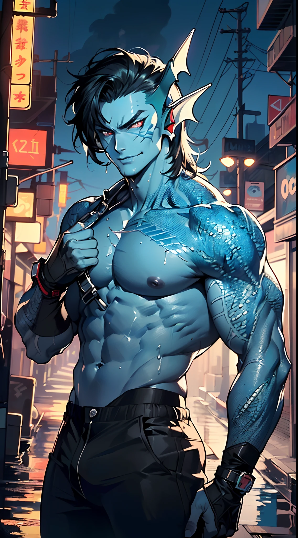 muscular man,(((1man))),((man muscular)),

(((1male,man:1.5,handsome man,male,male gender:1.5,male focus))),macho man,

Alien Fish man, ((blue skin:1.5)), (huge eyes:1.5), (((ear fins:1.5))), (((scaly skin:1.5))),((monster_man)),(deep blue skin:1.5),

((short black hair)),(((lustrous skin:1.5,bright skin: 1.5,shiny skin,very shiny skin,shiny body,illuminated skin))),(glowing eyes, blue_eyes:1.0), (((black sclera:1.5))),symmetrical eyes,((exaggerated muscles,exaggerated shoulders,very muscular and huge)),man chest,handsome face,((((muscular,hairy body,muscular man,tall,big biceps,abs,big thighs,broad shoulders,open chest)))),(((detailed face))),(((square jaw))),

alluring look,nsfw,

(((bare chest,shirtless))),hunter pants,((bulge in pants)),(hunter outfit:1.3,hunter clothes),((wet clothes,intricate outfit,intricate clothes)),

(dynamic pose:1.0),solo focus,((evil smile,evil look)),(centered,scale to fit dimensions,Rule of thirds),

cyberpunk city by the ocean at night, with bright neon signs and dark stormy clouds and puddles, scenery:1.25,

highres, sharp focus, (ultra detailed, extremely detailed), (photorealistic artwork:1.37),(extremely detailed CG unity 8k wallpaper),((synthwave background theme)),(((vibrant colors))),(intricate background),(masterpiece),(best quality),