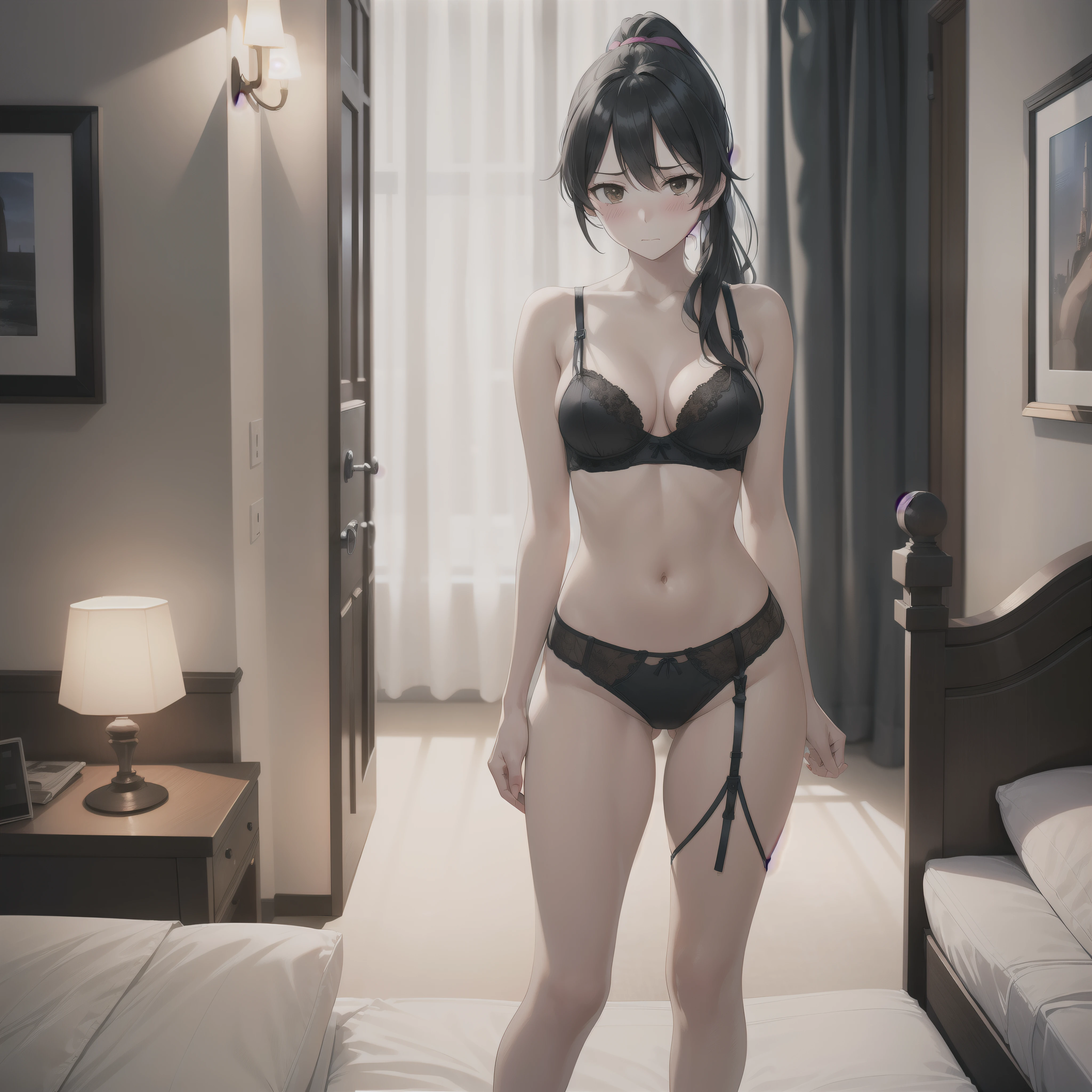 1girl,medium breasts,hotel room,(8k),scratches,detailed face,black hair,brown eyes,long hair,embarassed,shy,blush, high_res, high_definition,sexy pose,black sexy lingerie,full body,ponytail,